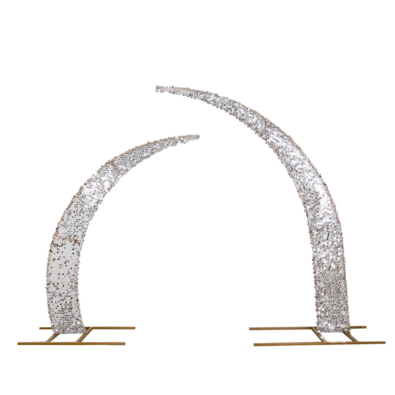 Set of 2 Silver Big Payette Sequin Backdrop Stand Cover for Half Crescent Moon Wedding Arch, Sparkly Double Sided - 6.5ft, 8ft