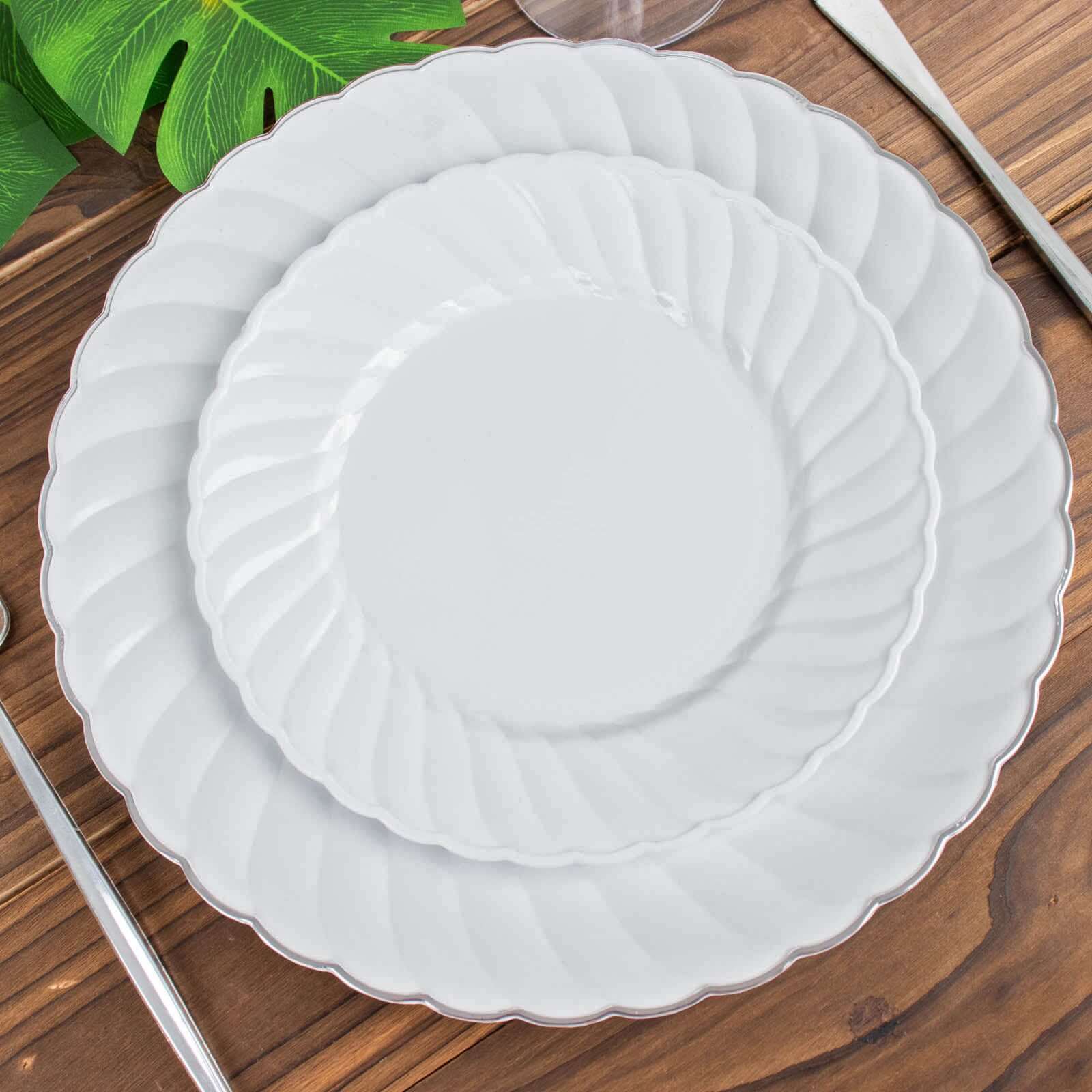 12-Pack Plastic Dessert Plates White Flair Rim - Sturdy Disposable Salad Plates 7.5