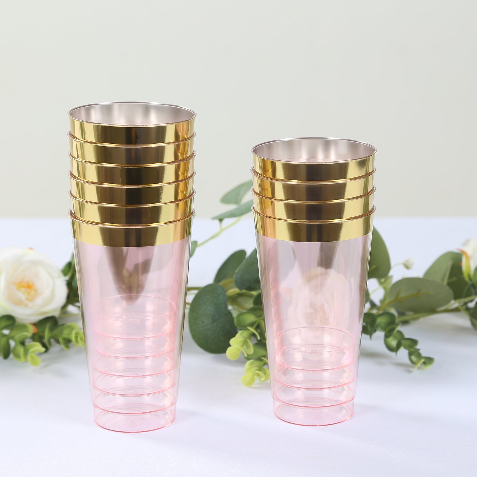 12-Pack Plastic Party Cups Transparent Blush with Gold Rim - Durable Disposable Tumblers for Drinks 17oz 5.5