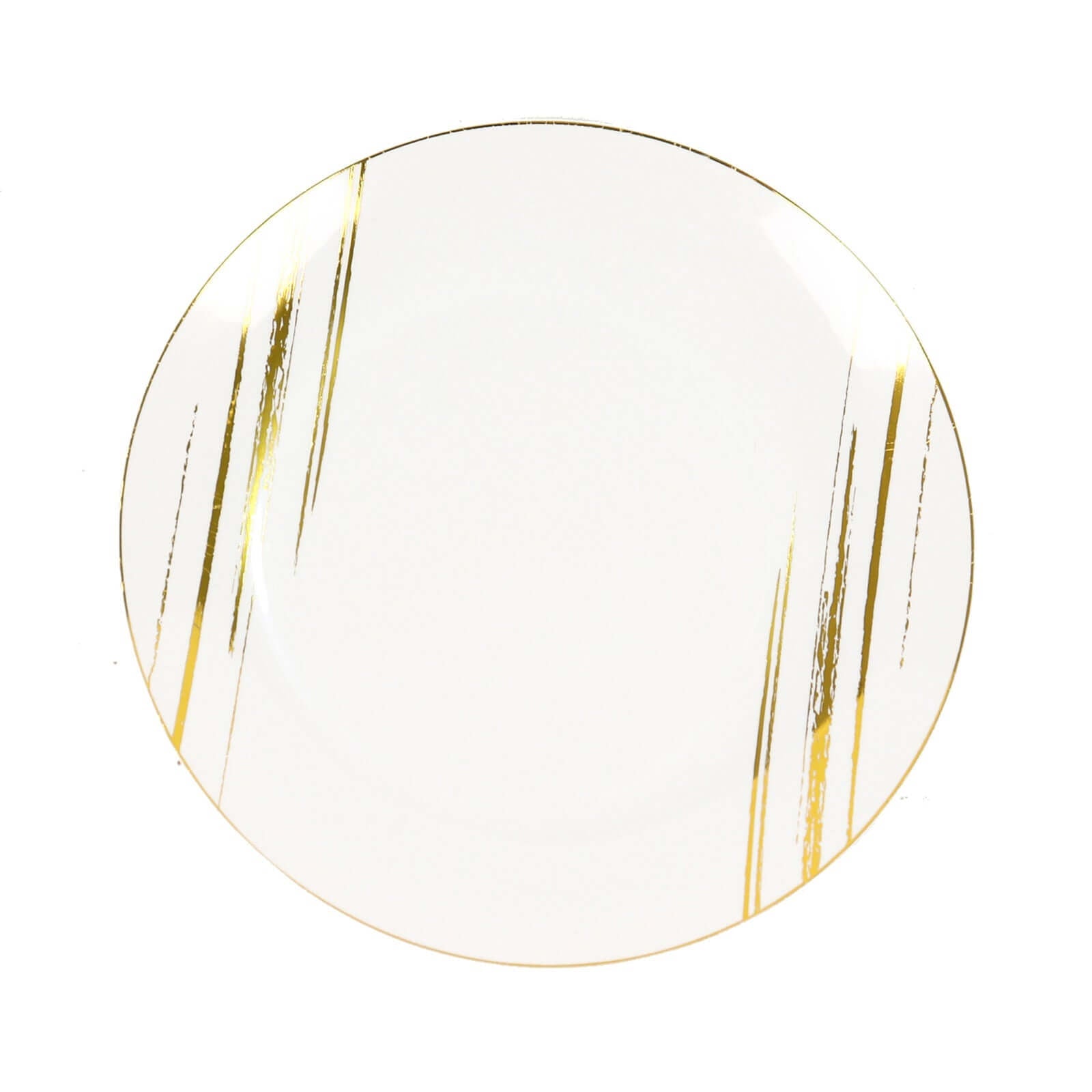 10-Pack Plastic 10 Round Dinner Plates in White with Gold Brush Stroked Print - Disposable Party Dinnerware for Modern Themed Events & Banquets