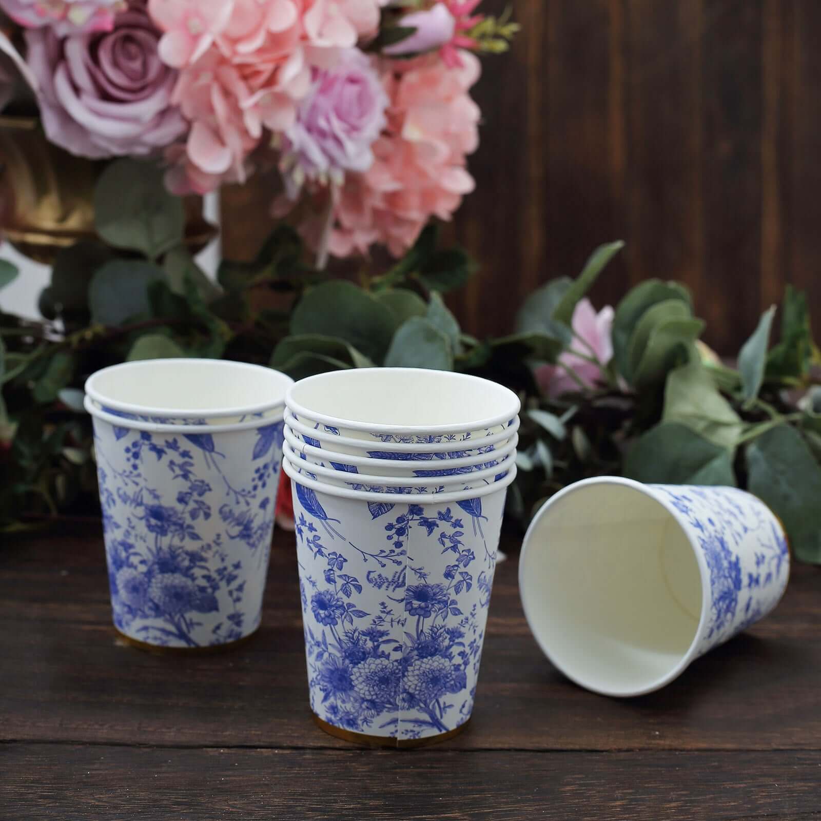 24-Pack Paper Cups in White with Light Blue French Toile Print - Stylish Disposable Floral Party Cups with Gold Rim for Hot & Cold Beverages 9oz