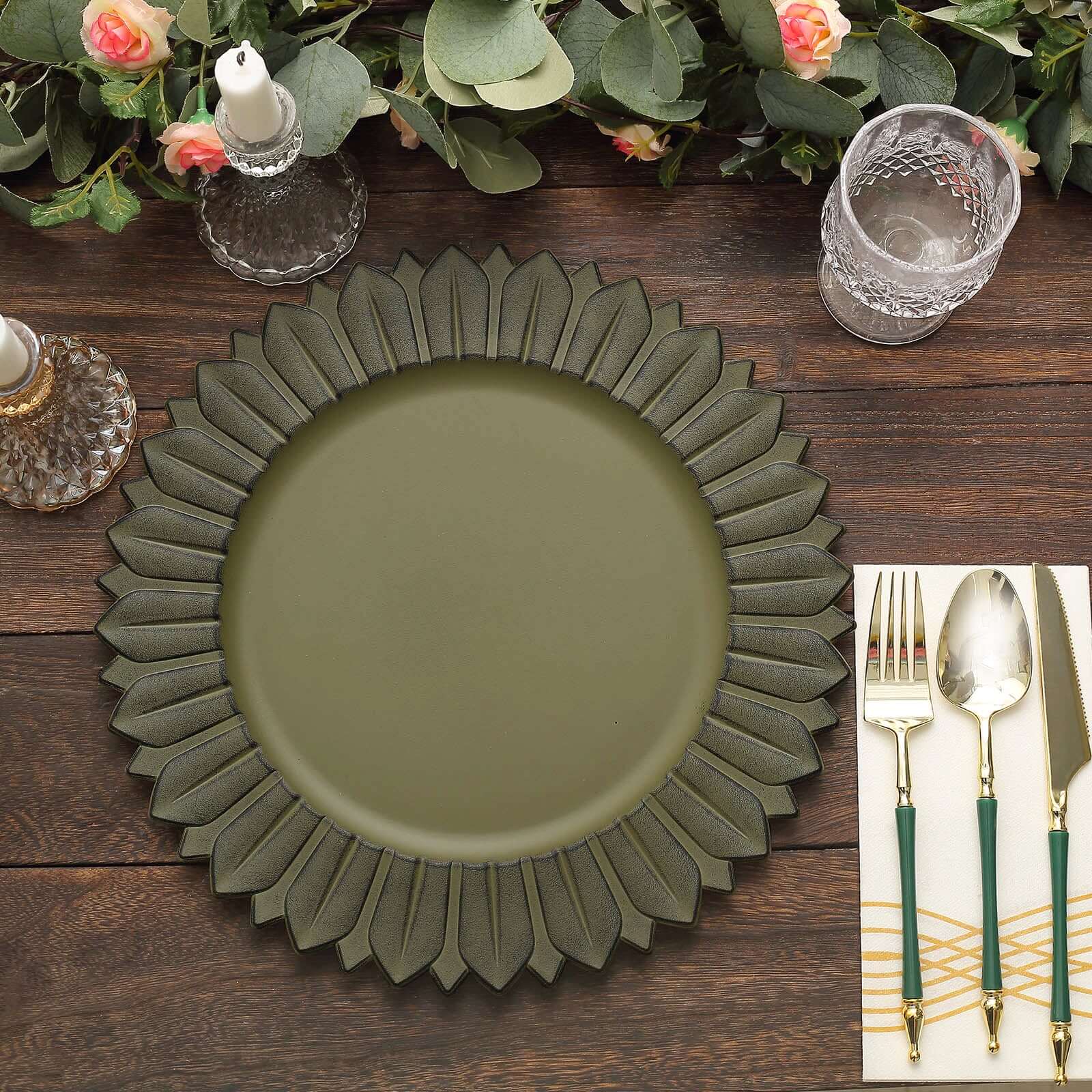 6-Pack Plastic Round Charger Plates 13 in Olive Green with Sunflower Rim, Matte Finish Disposable Dinner Charger Tableware