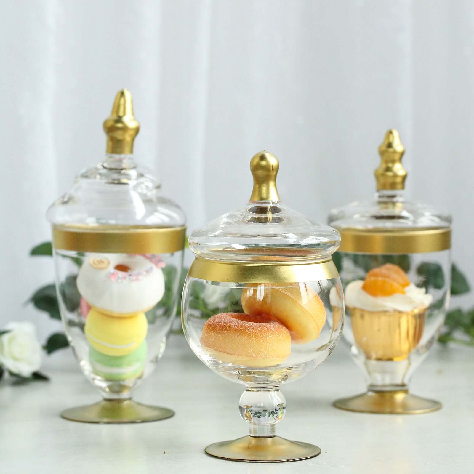 Set of 3 Glass Jars Apothecary Design Clear with Gold Trim and Snap-On Lids - Stylish Decorative Candy Buffet Storage 8.5, 9, 10