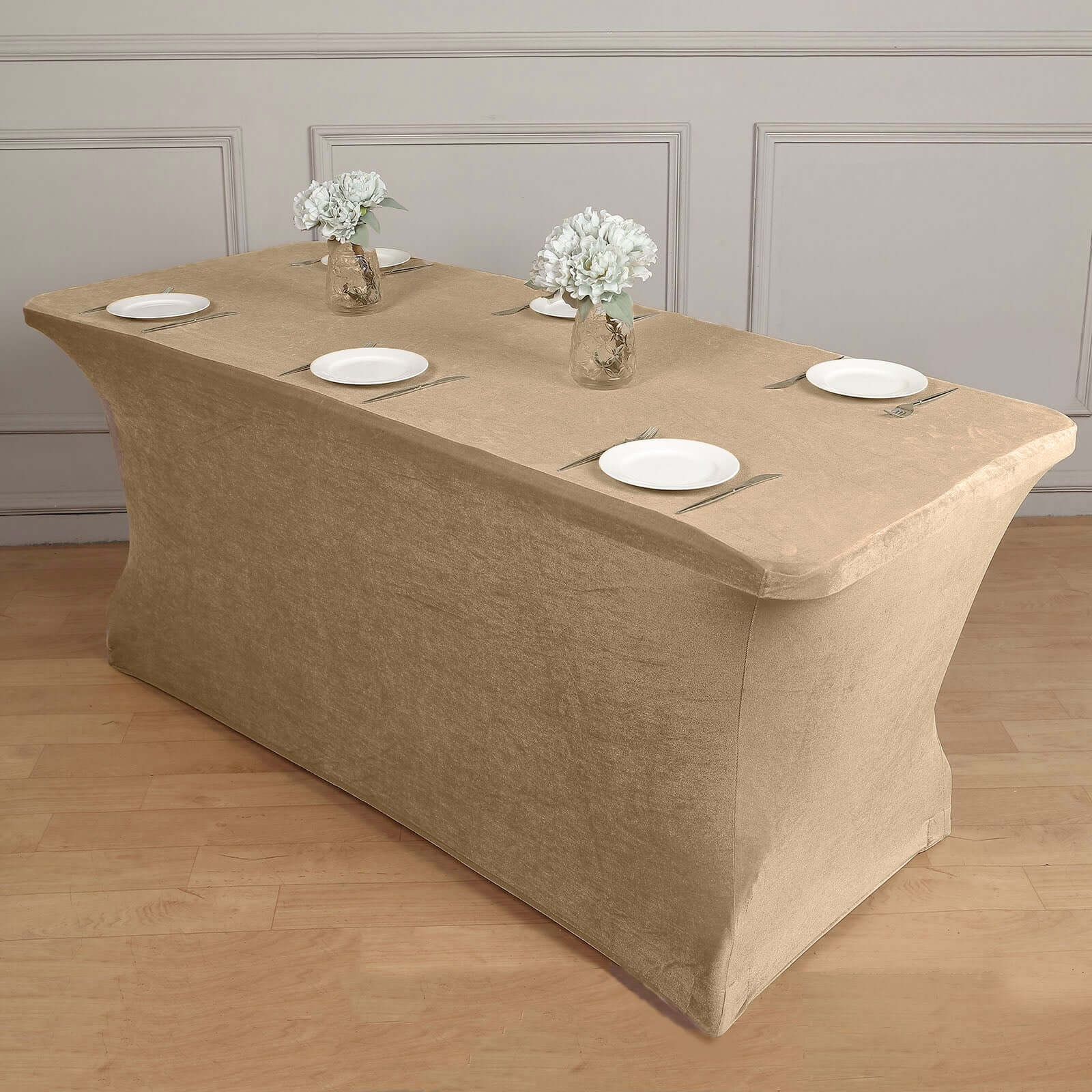 Velvet Spandex 6ft Rectangle Tablecloth Champagne - Fitted Wrinkle-Free Design for 72x30 Tables