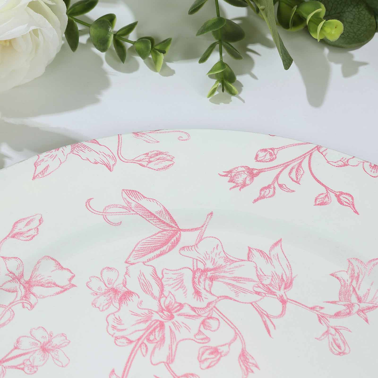 6-Pack Acrylic Round Charger Plates 13 in White with Pink Floral French Toile Pattern, Decorative Dinner Party Charger Tableware