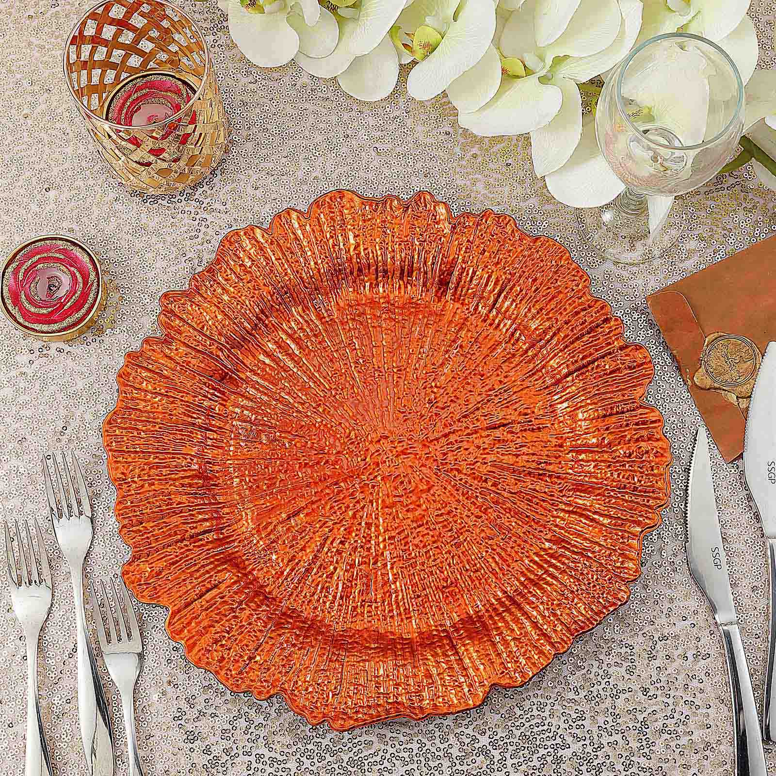 6-Pack Acrylic Plastic Round Charger Plates 13 in Orange with Reef Design, Dinner Charger Tableware