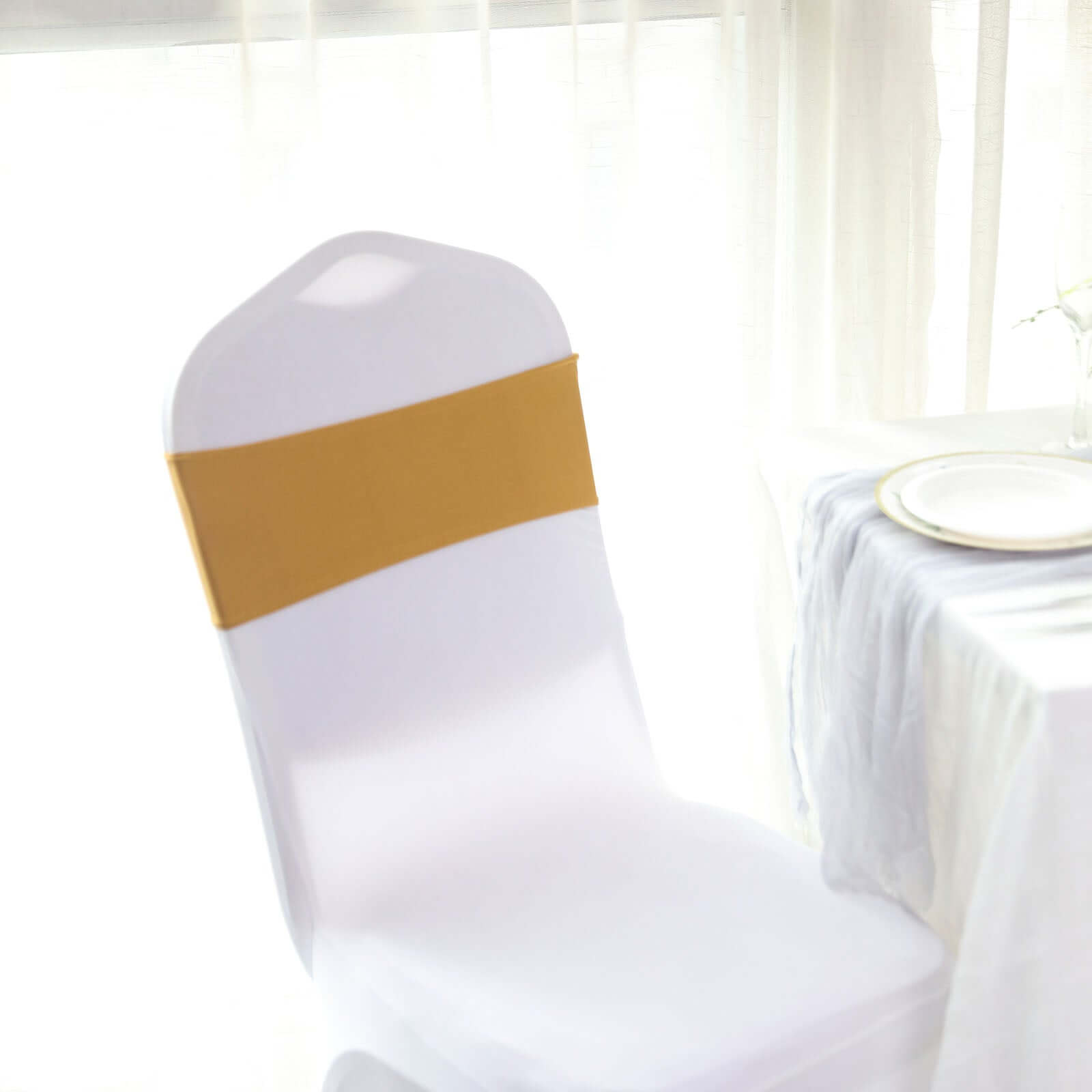 5 Pack Stretch Spandex Chair Sashes Gold - Classy Reusable Chair Bands with Silver Diamond Ring Slide Buckle 5x14