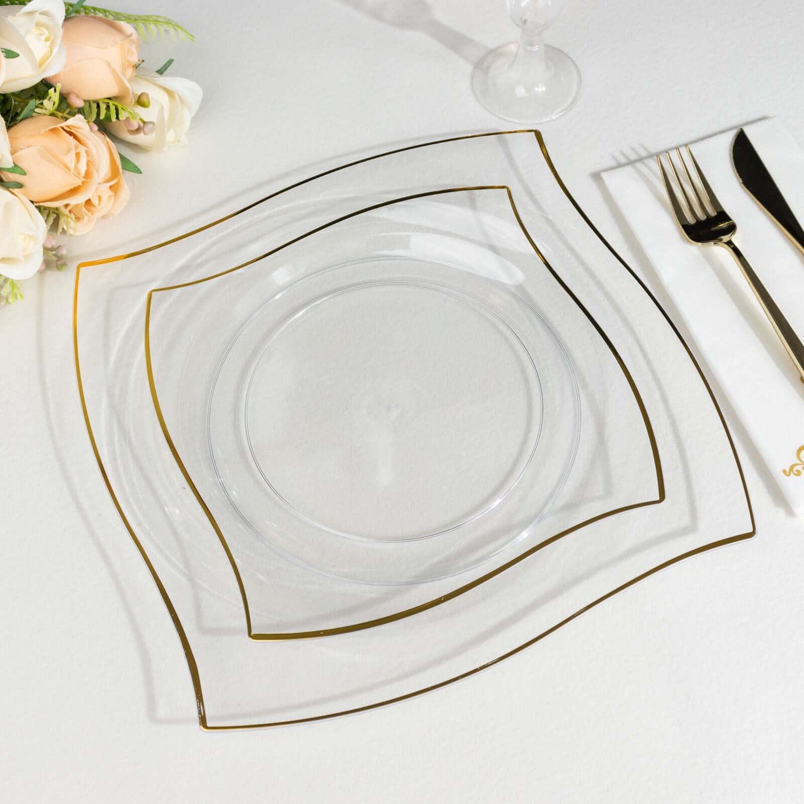 10-Pack Plastic 10 Square Dinner Plates in Clear with Gold Wavy Rim Modern - Disposable Party Plates