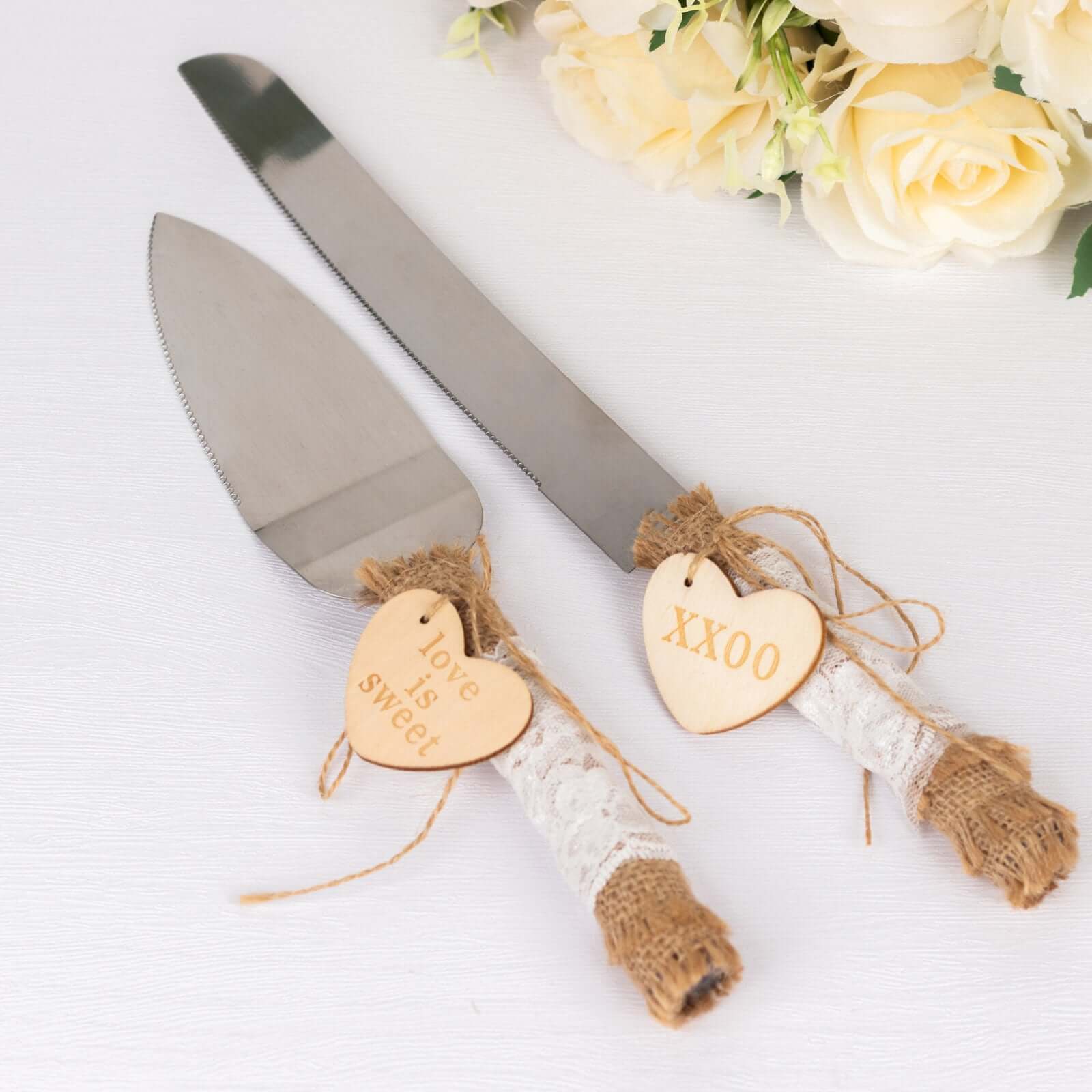 Stainless Steel Cake Knife and Server Set with Natural Rustic Jute Lace - Pre-Packed Wedding Party Favors in Gift Box