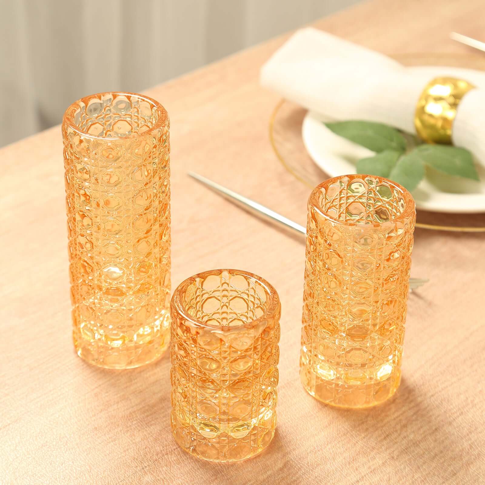 Set of 3 Glass Taper Candle Holders Amber Gold with Gemstone Pattern - Dual Sided Crystal Cylinder Tealight Stands 3, 4, 5.5