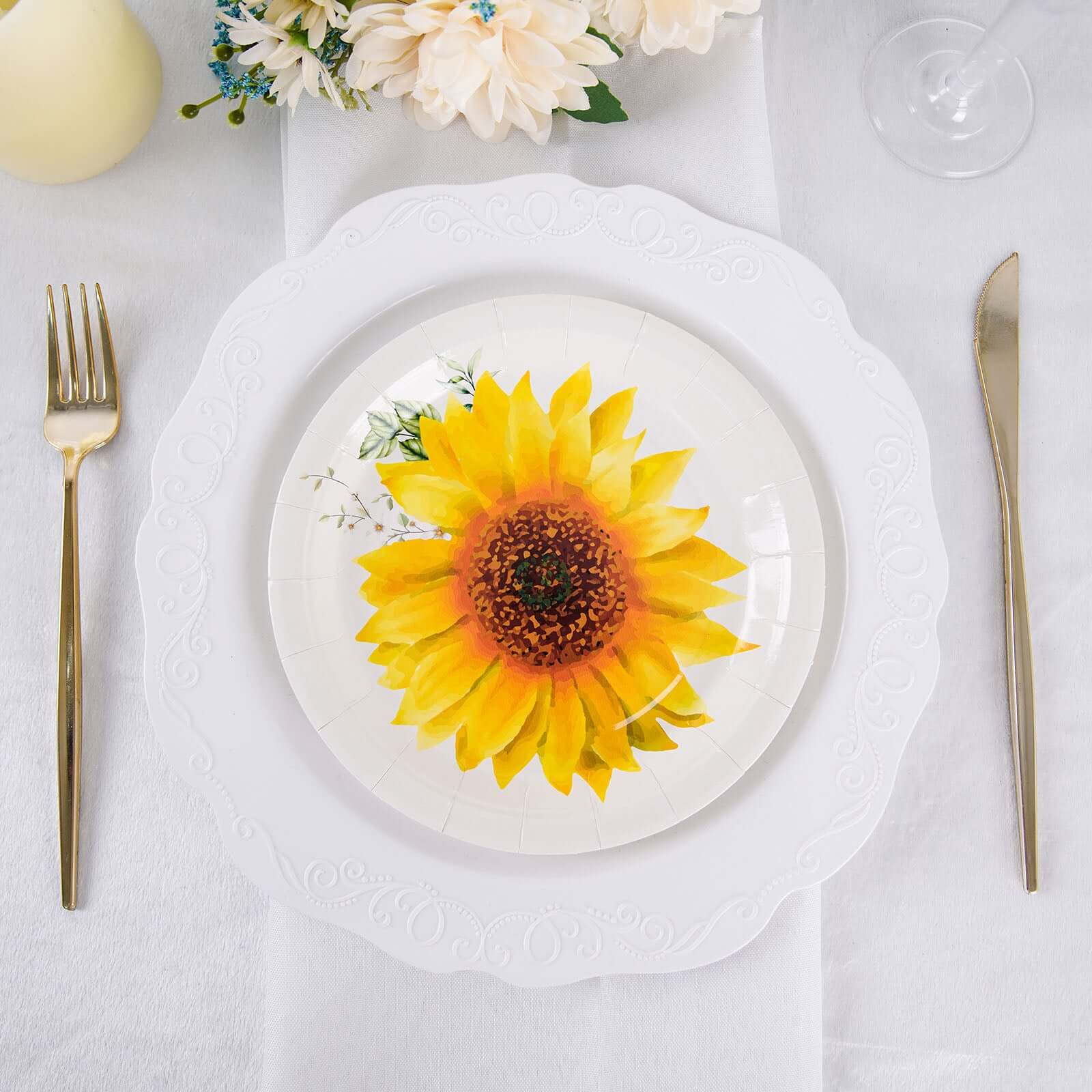 25-Pack Paper 7 Round Dessert Plates White with Sunflower Design - Disposable Salad Plates for Rustic Events & Garden Themes