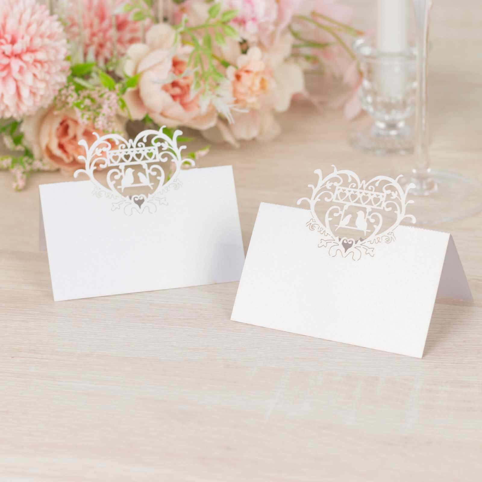 50-Pack Wedding Place Cards with Laser Cut Hollow Heart Design White - Printable Reservation Seating Tent Cards 210 GSM