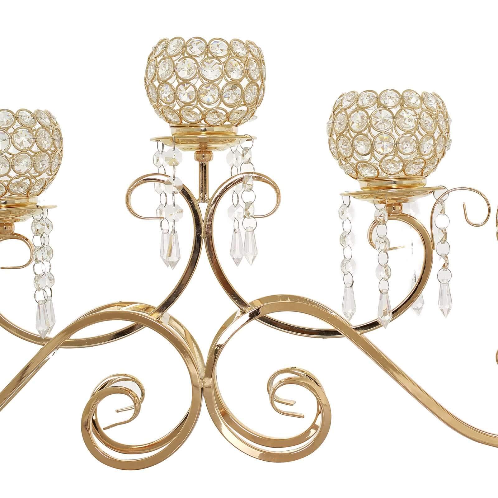 5-Arm Metal Candelabra Horizontal Design with Crystal Goblets Gold - Table Centerpiece for Events 27