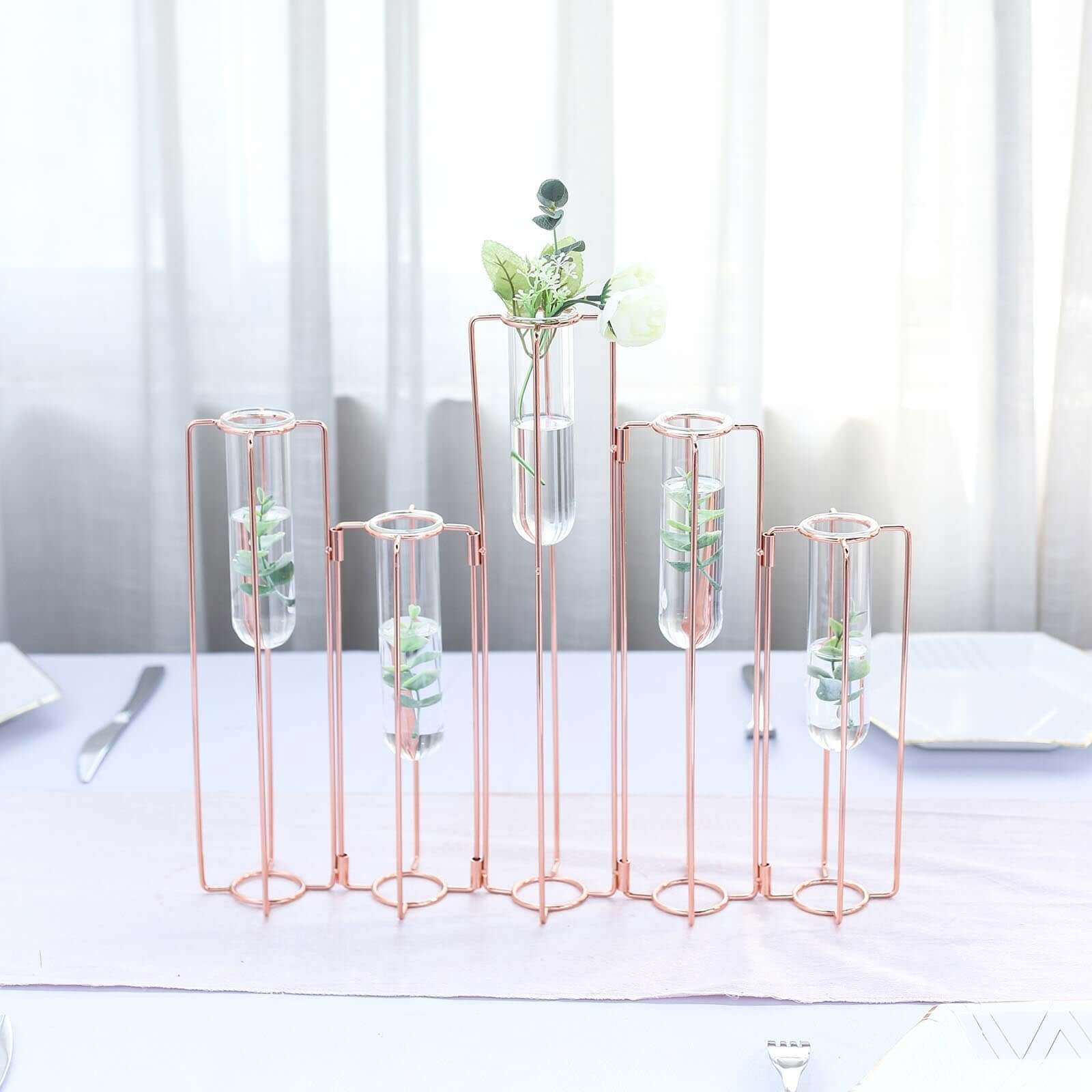 Set of 5 Wedding Centerpieces Rose Gold Frame Conjoined Geometric Design - Test Tube Hydroponic Vases 15