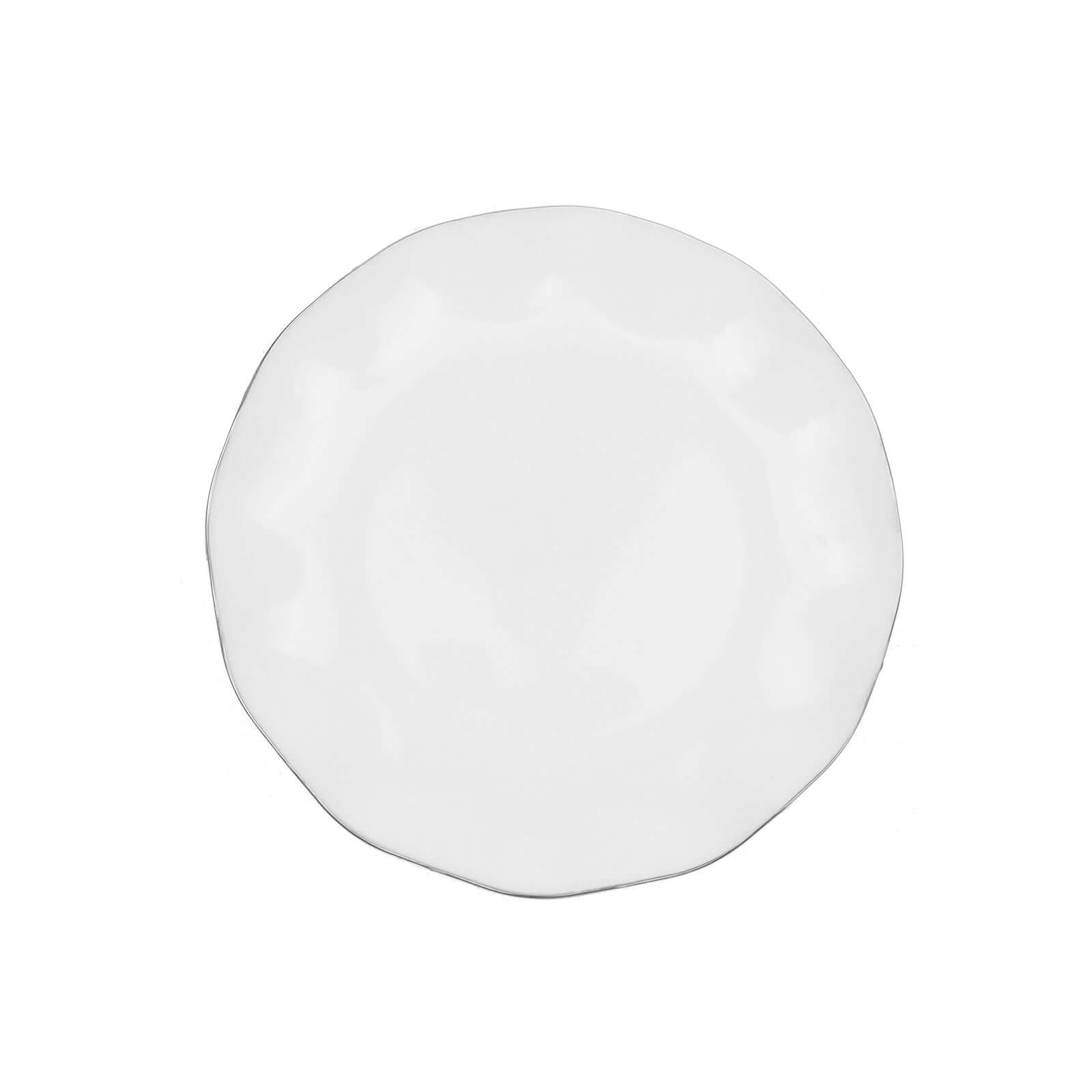 10-Pack Plastic Round 6 Dessert Plates in White Ruffled Rim with Gold Edging - Sturdy Disposable Salad Appetizer Dinnerware for Classy Events & Banquets