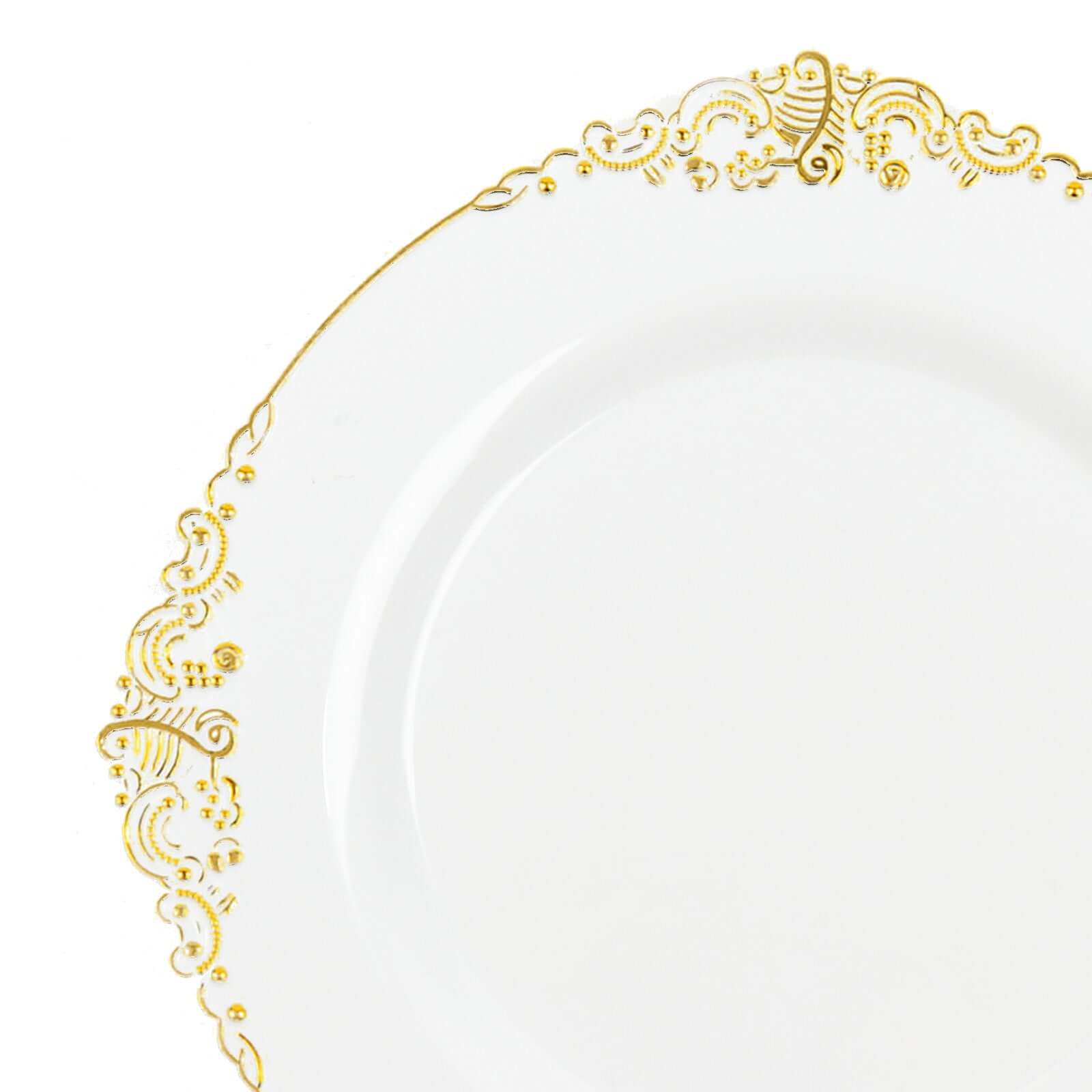 10-Pack Plastic 8 Round Dessert Plates in White with Gold Leaf Embossed Rim - Disposable Vintage Baroque Style Salad Plates for Luxurious Gatherings & Events