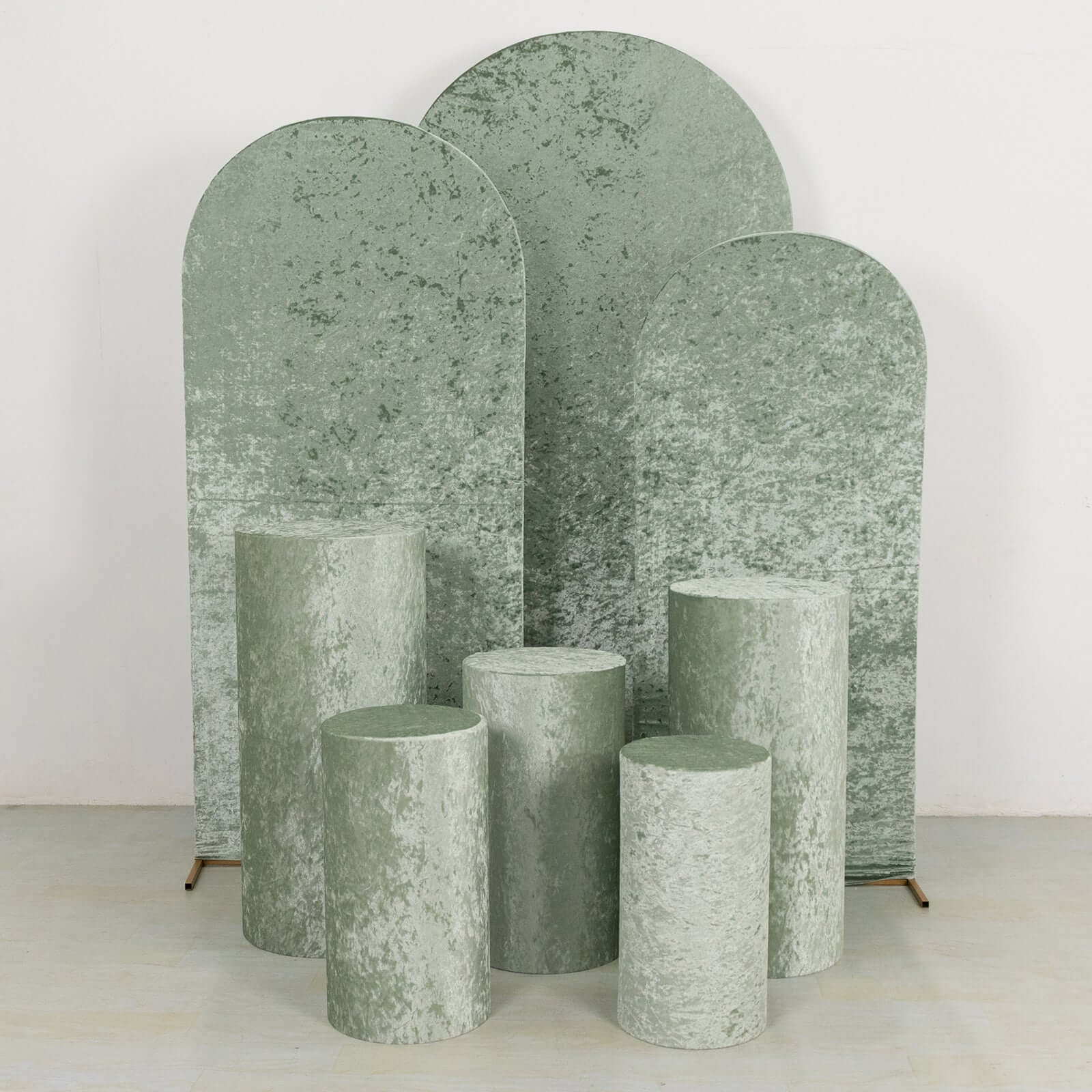 Set of 5 Sage Green Crushed Velvet Cylinder Pedestal Stand Covers, Premium Pillar Prop Covers