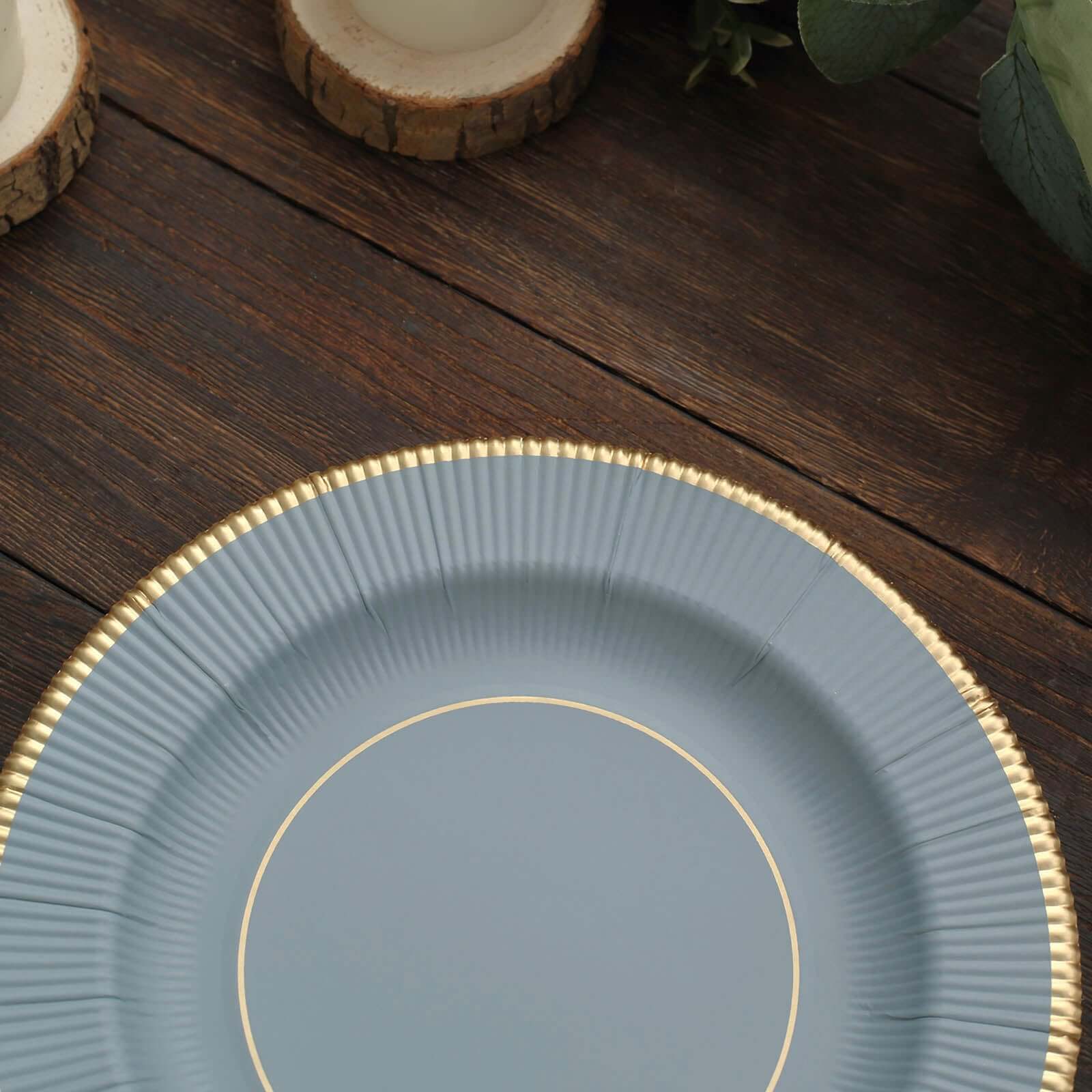 25-Pack Paper 8 Round Dessert Plates in Dusty Blue Sunray Design with Gold Rim - Disposable Heavy Duty 350GSM Appetizer Salad Plates