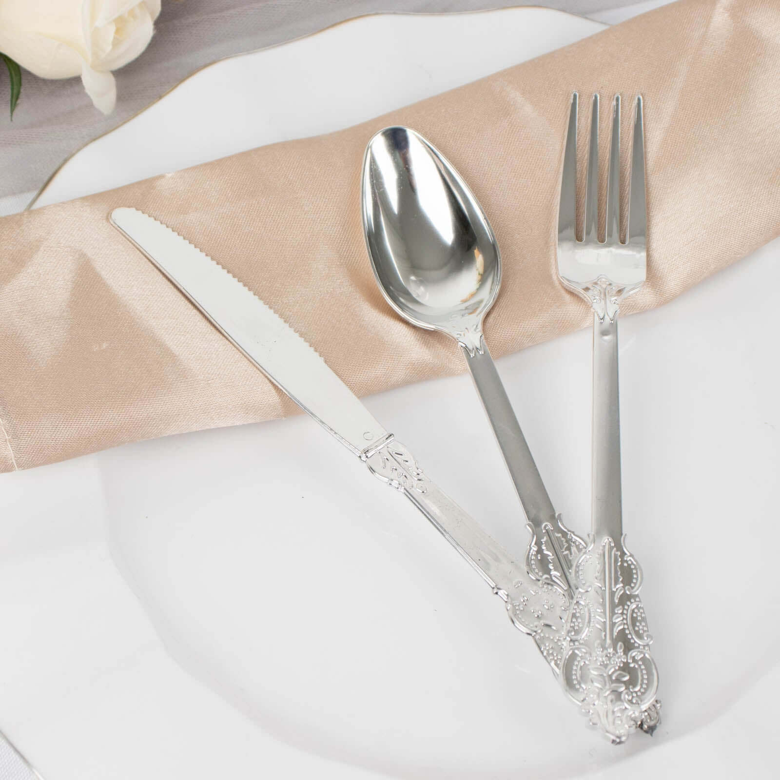 72 Pcs Plastic Silverware Set in Baroque Style Metallic Silver - Heavy Duty Disposable Knife, Fork, and Spoon Set