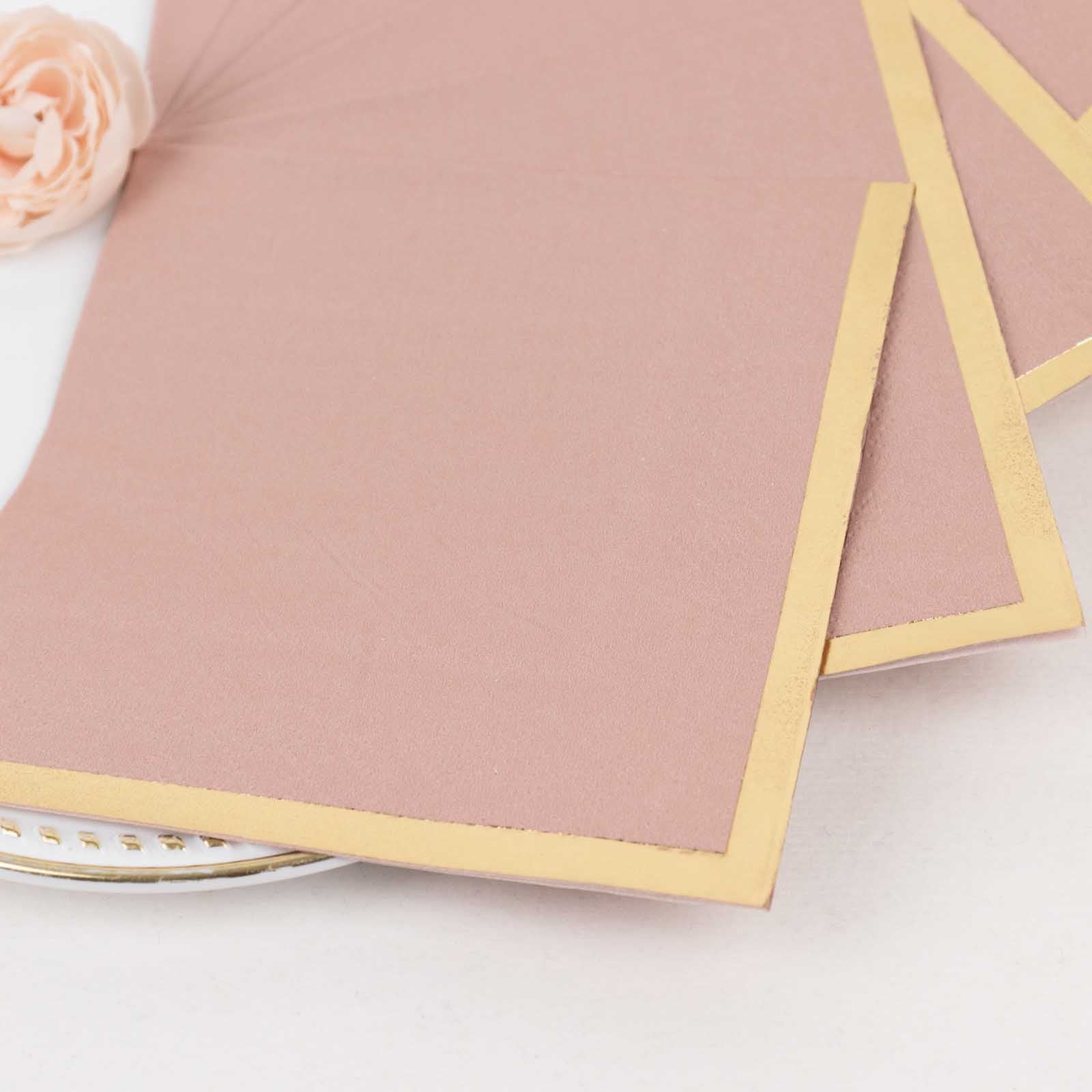 50-Pack Paper Beverage Napkins Dusty Rose with Gold Foil Edge - 2 Ply Disposable Soft 18GSM Cocktail Napkins 5x5