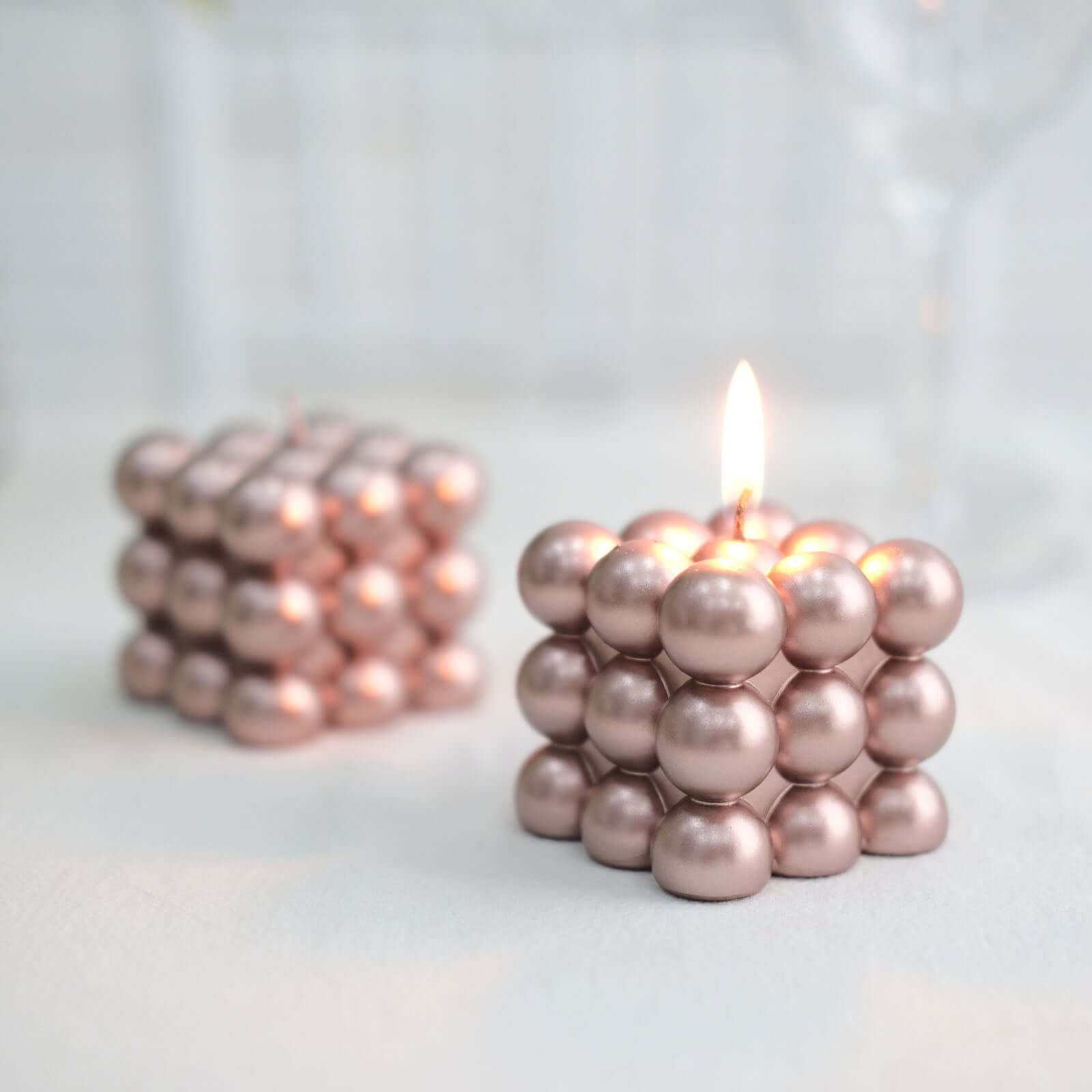 2-Pack Decorative Paraffin Wax Candles Bubble Cube Design Metallic Rose Gold - Unscented Long Burning Pillar Candle Set 2