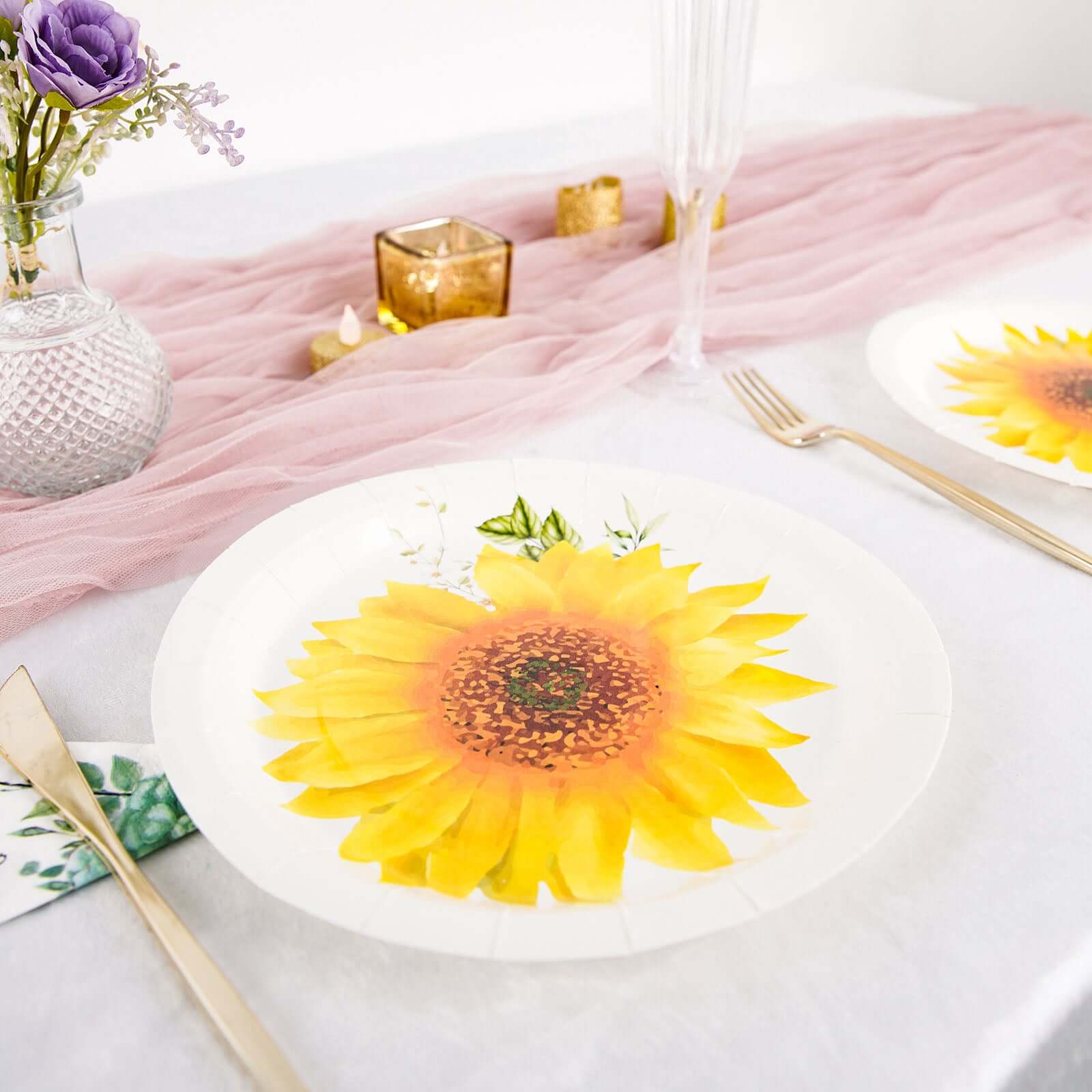 25-Pack Paper 9 Round Dinner Plates in White with Sunflower Design - Disposable Party Plates for Rustic Events & Garden Themes