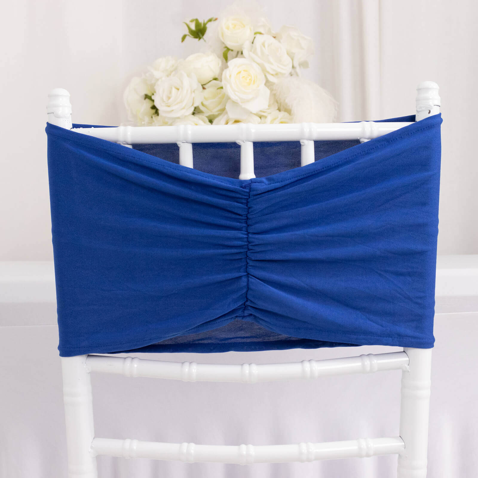 5 Pack Spandex Chair Sashes Royal Blue Ruffled Style - Wide Easy to Use Stretch Chair Bands 8x13