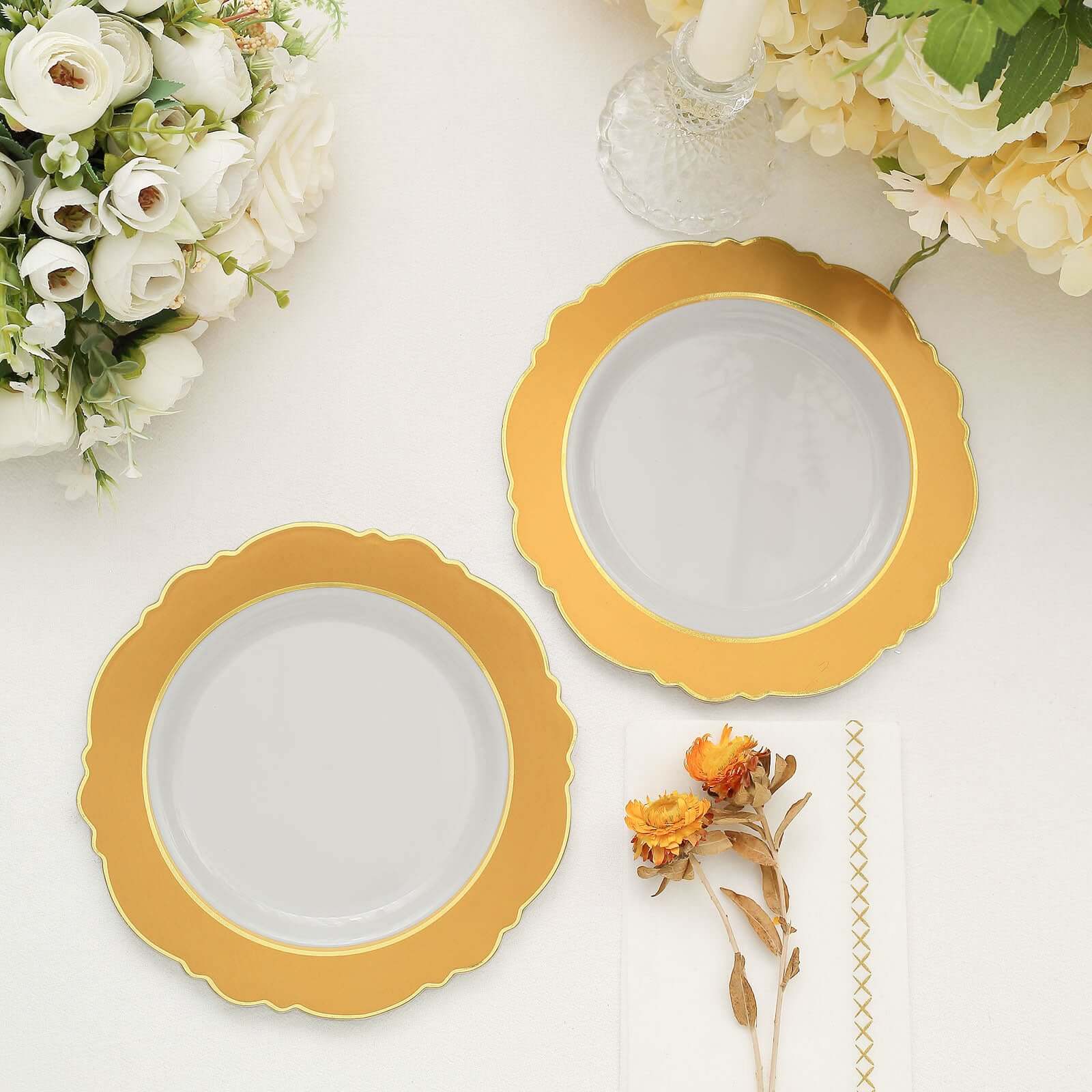 10-Pack Plastic 8 Round Dessert Plates in White with Gold Blossom Design & Gold Edging - Disposable Salad Appetizer Plates for Modern & Classy Table Decor