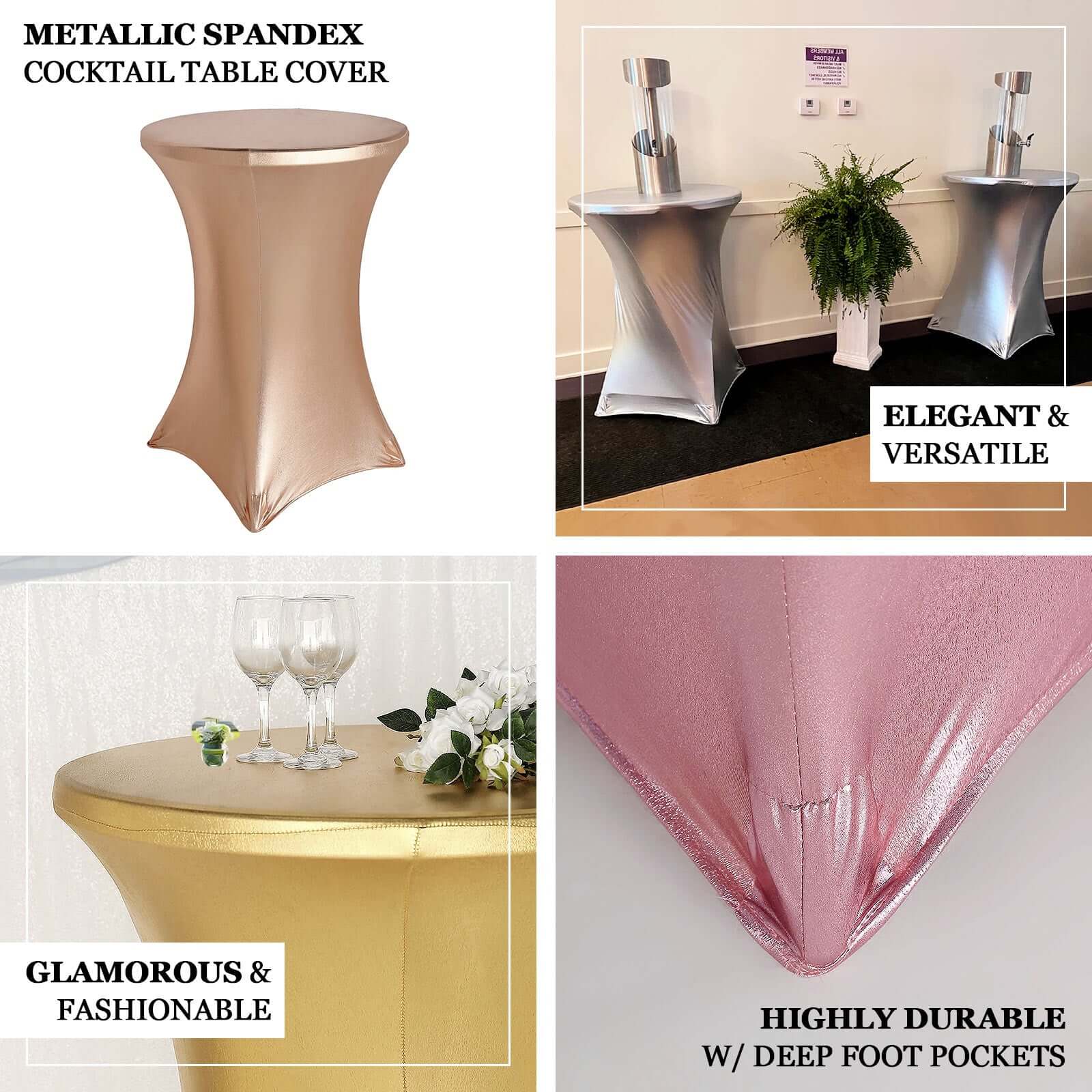 Metallic Spandex 32 Fitted Round Cocktail Table Cover Rose Gold Highboy Tablecloth - Stretch Fit & Water-Resistant