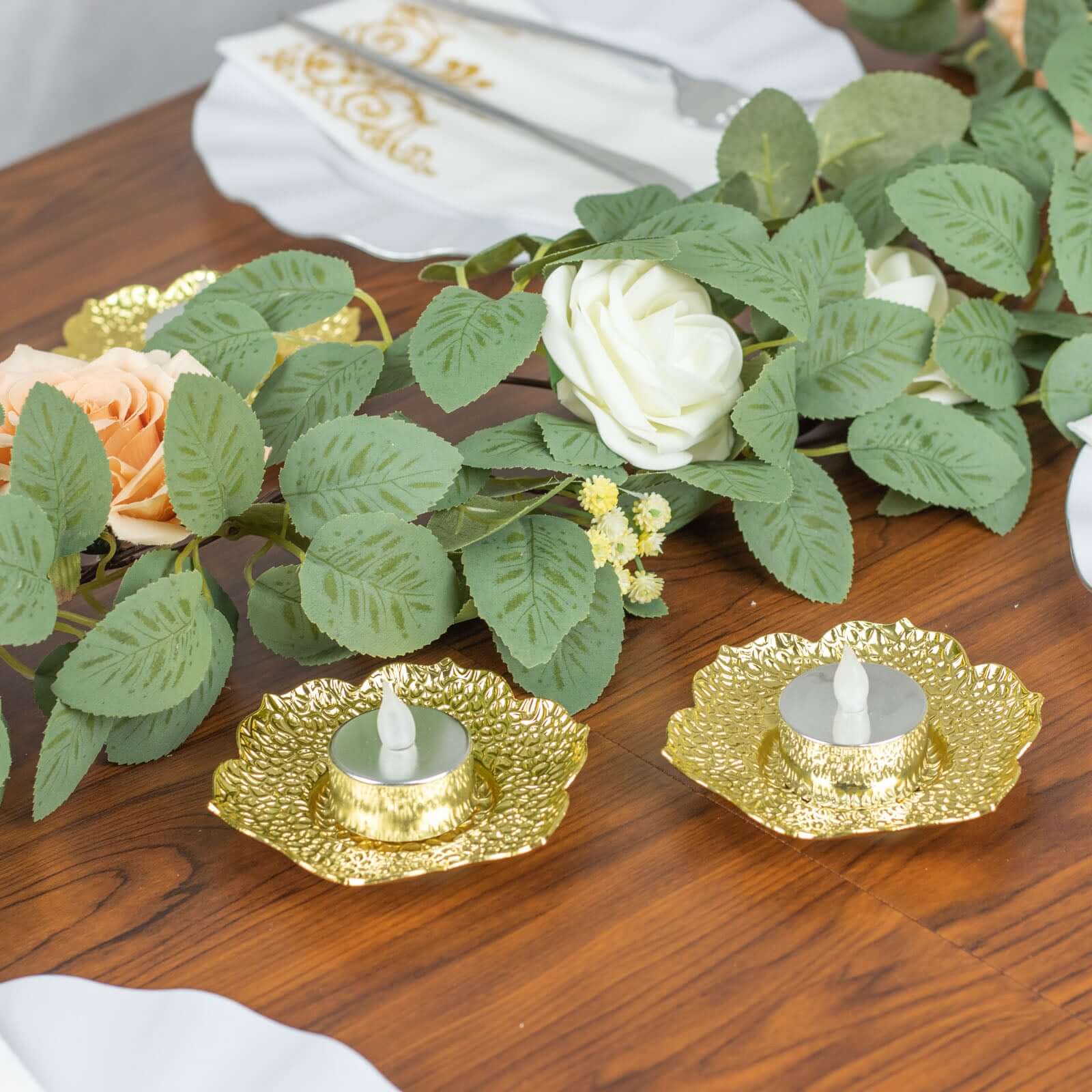 3-Pack Metal Votive Candle Holders Plum Blossom Design Shiny Gold - Vintage Mini Tea Cup Saucers 4