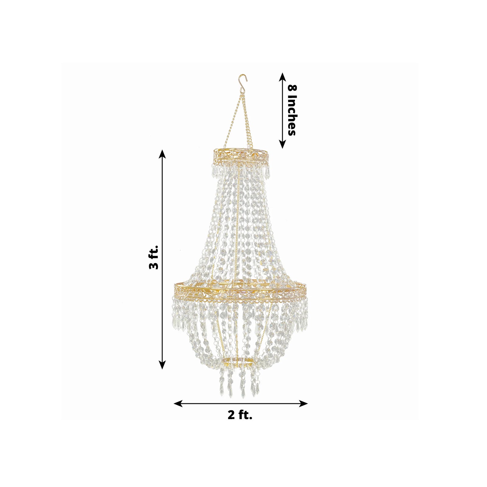 3ft Empire Style Beaded Crystal Chandelier with Gold Ornate Metal Frame, Adjustable Hanging Farmhouse Pendant Ceiling Lighting