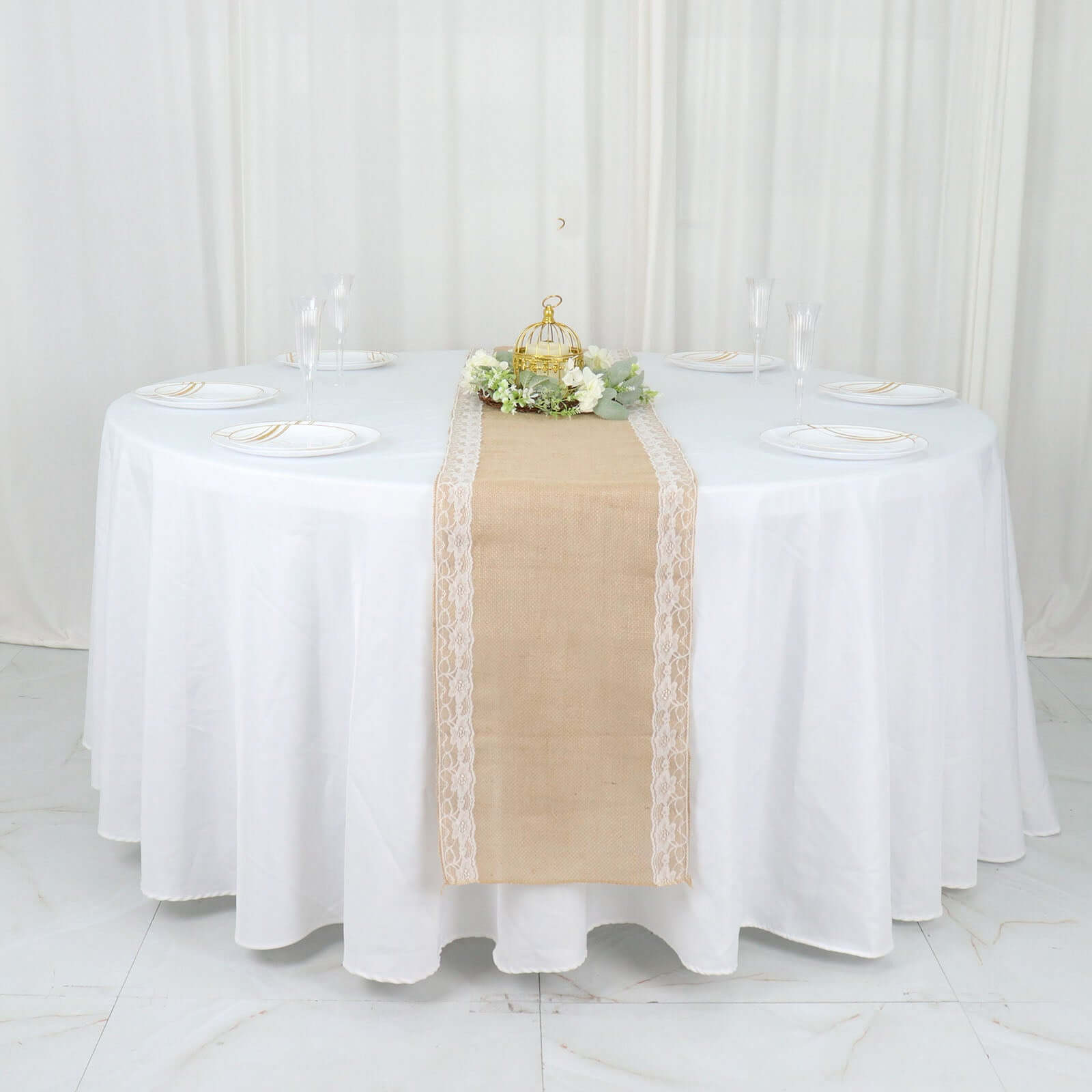 Burlap Jute 14x104 Table Runner Natural With White Lace Trim Edges - Rustic Vintage Tabletop Decor