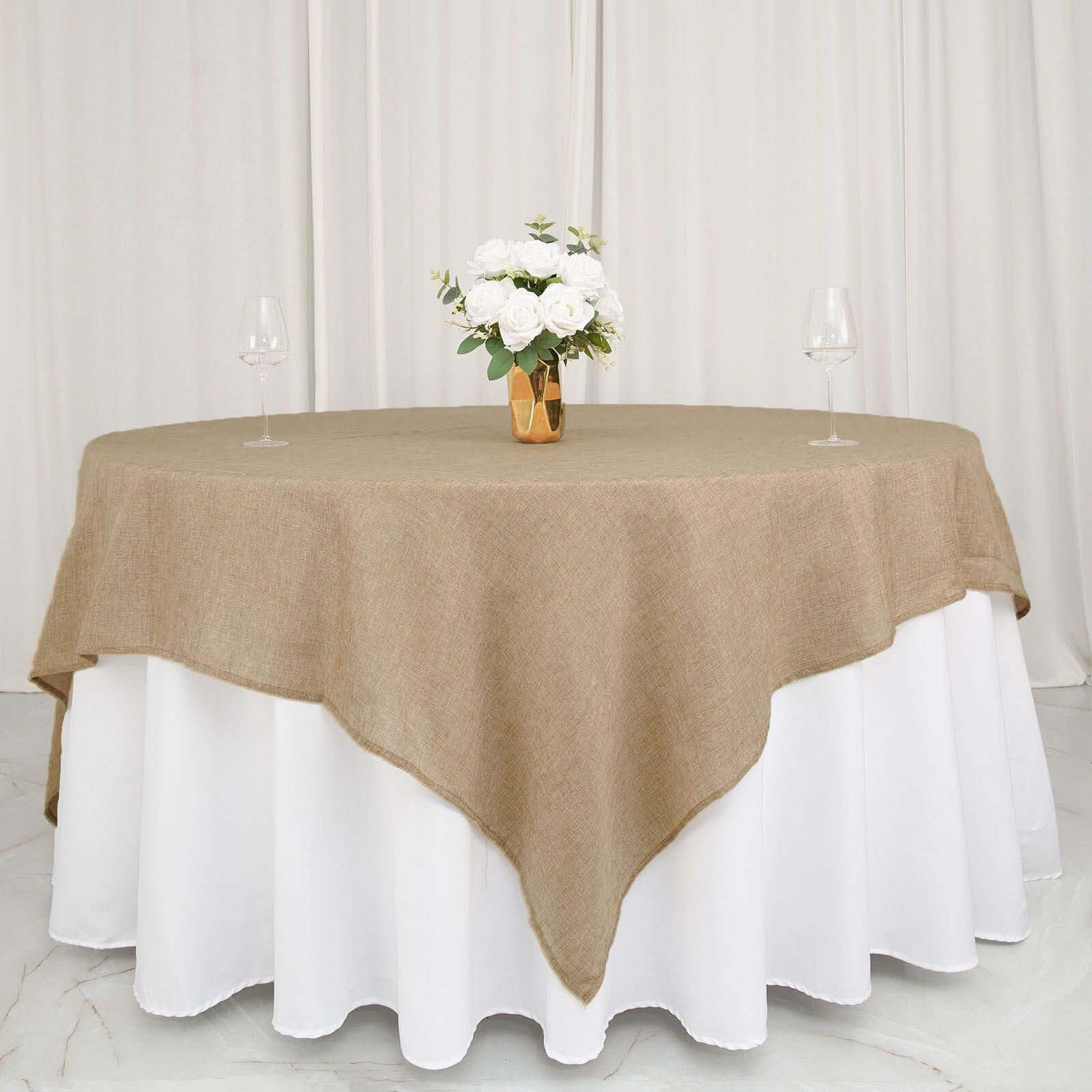 Faux Burlap 90x90 Table Overlay Square Tablecloth Natural - Boho Chic Design for Stylish Celebrations