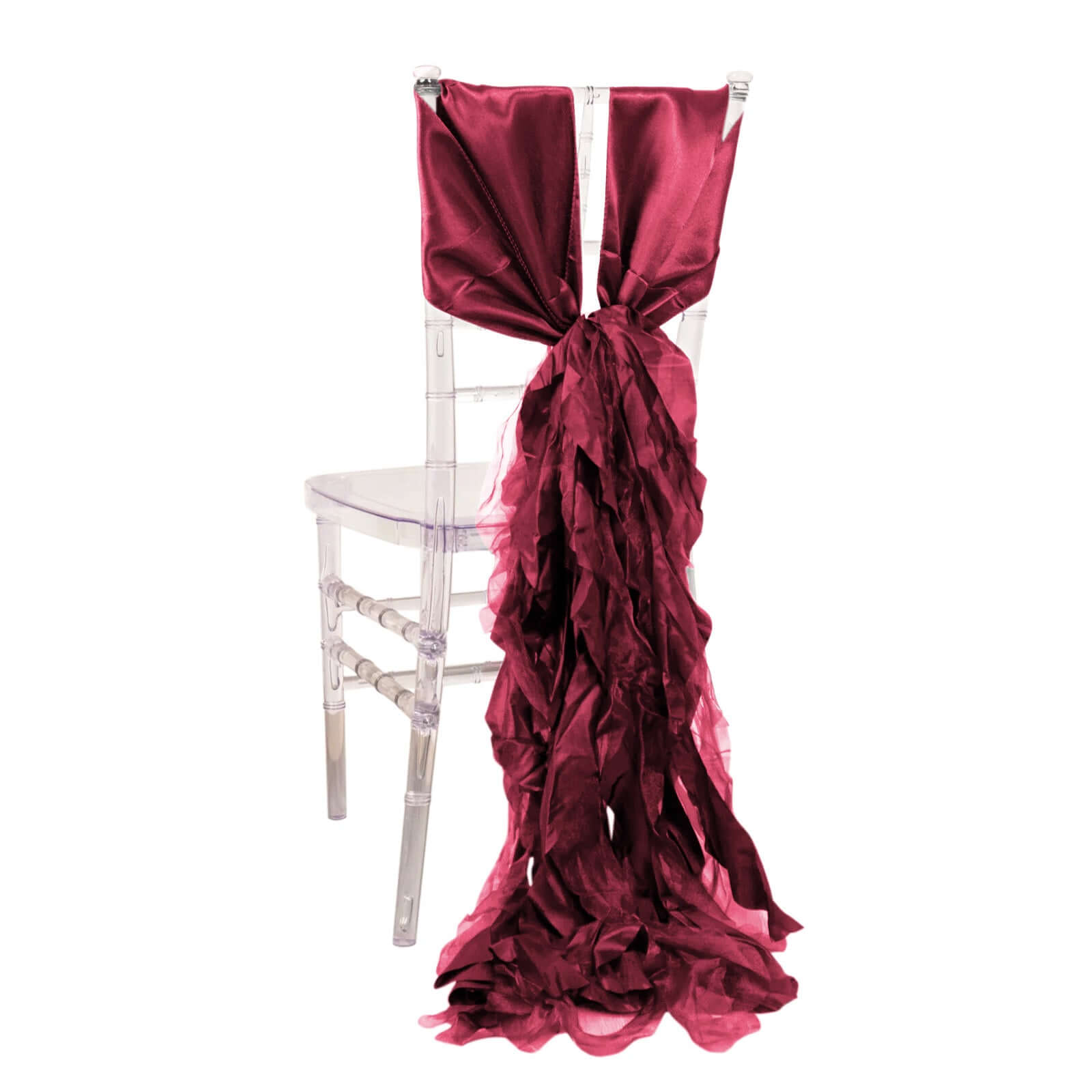 5 Pack Chiffon Satin Chair Sashes Burgundy - Easy to Install Ruffled Curly Willow