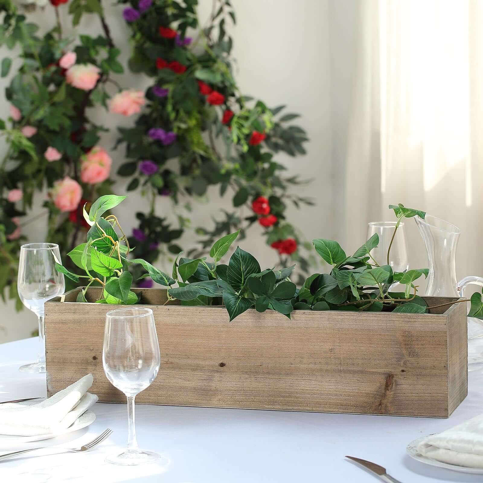 Natural Wood Planter Rectangular Box 24x6- Natural Decor with Removable Plastic Liner for Tables