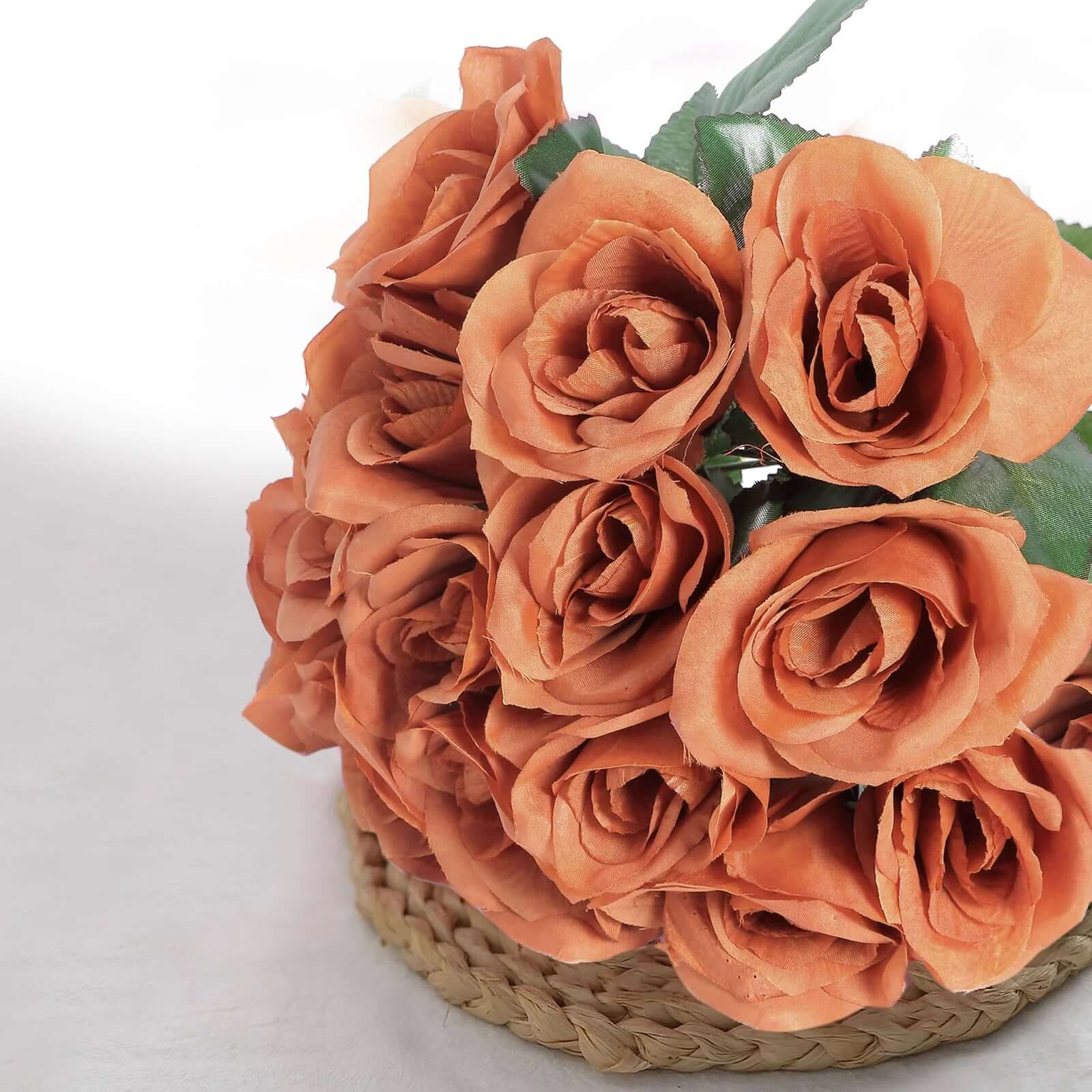 12 Terracotta (Rust) Artificial Velvet-Like Fabric Rose Flower Bouquet Bush