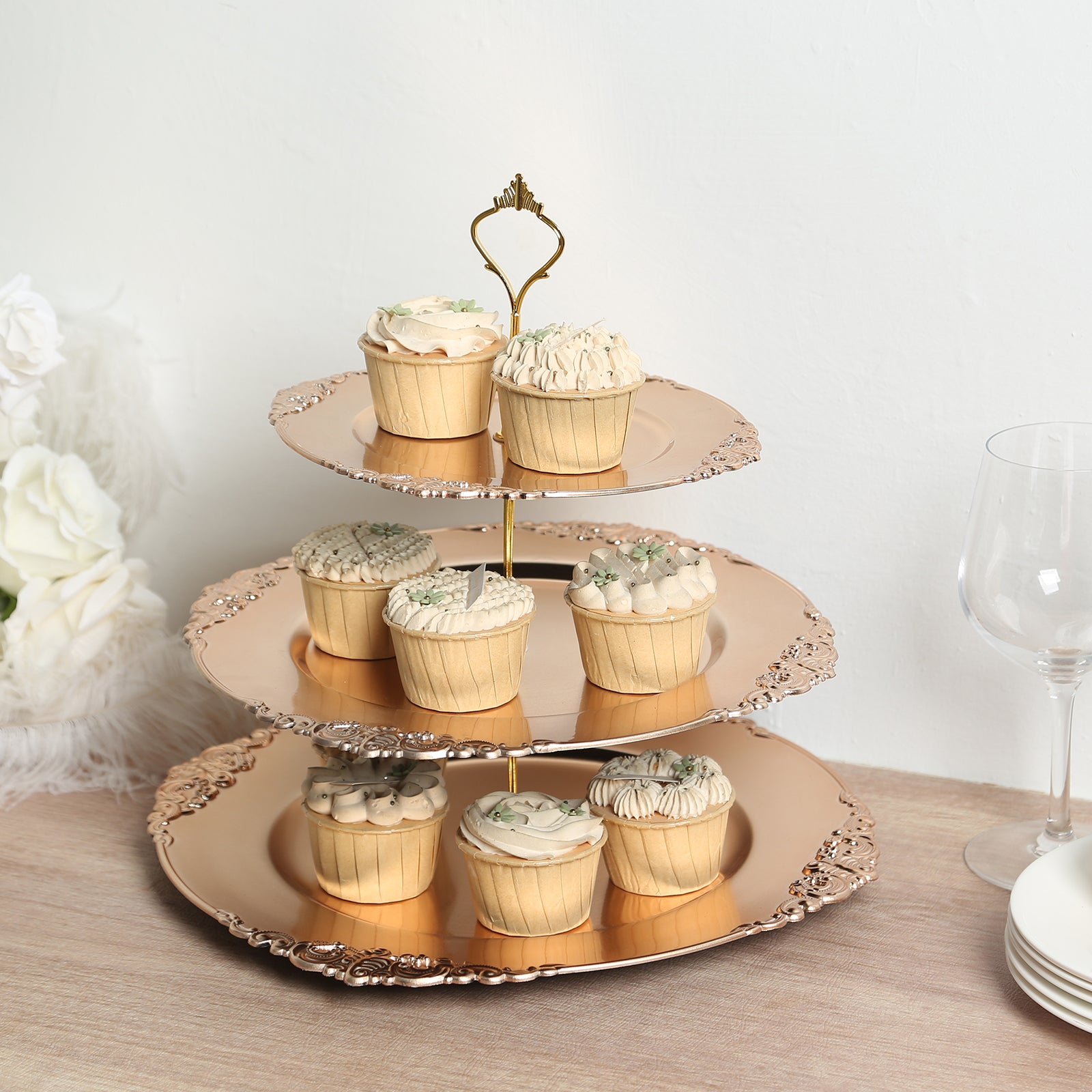 3-Tier Plastic Round Cupcake Stand Metallic Gold - Vintage-Inspired Reusable Dessert Display Holder Tea Party Serving Tray Platter with Baroque Rim & Top Handle 13