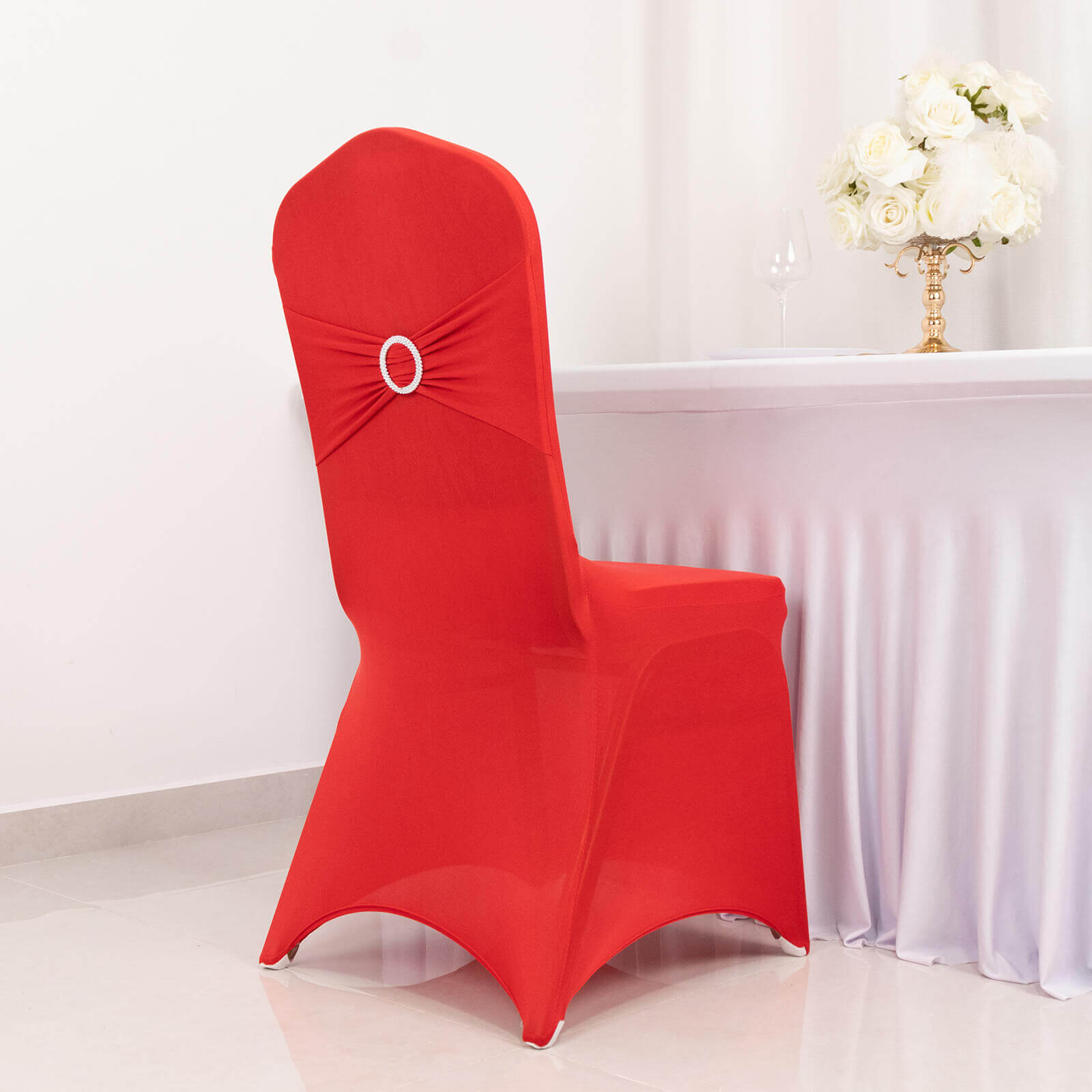 Spandex Chair Cover with Red Rhinestone Buckled Sash Band Blush - Stretch Fitted Slipcover