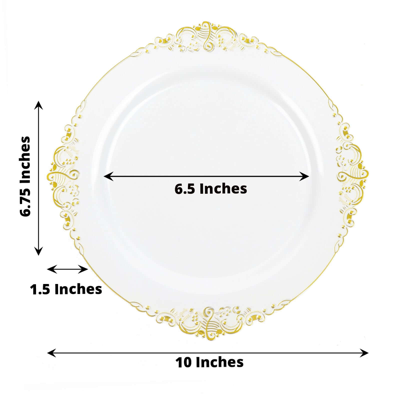 10-Pack Plastic 10 Round Dinner Plates in White with Gold Leaf Embossed Rim - Disposable Vintage Baroque Style Plates for Luxurious Gatherings & Events