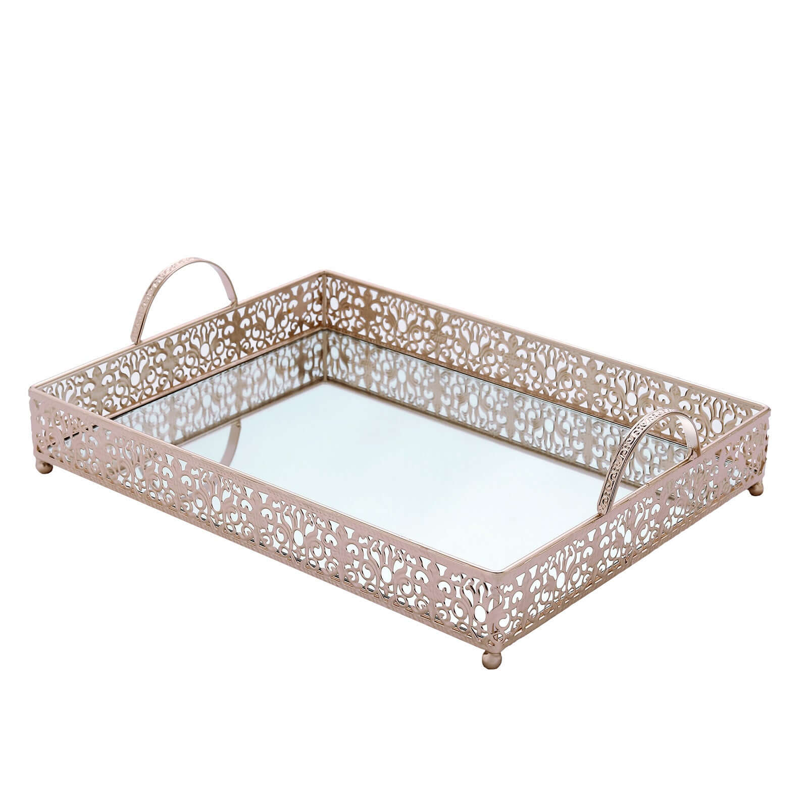 Metal Mirrored Rectangle Serving Tray 16x12 in Rose Gold Fleur De Lis Design with Handles, French Inspired Decorative Vanity Tray Centerpiece