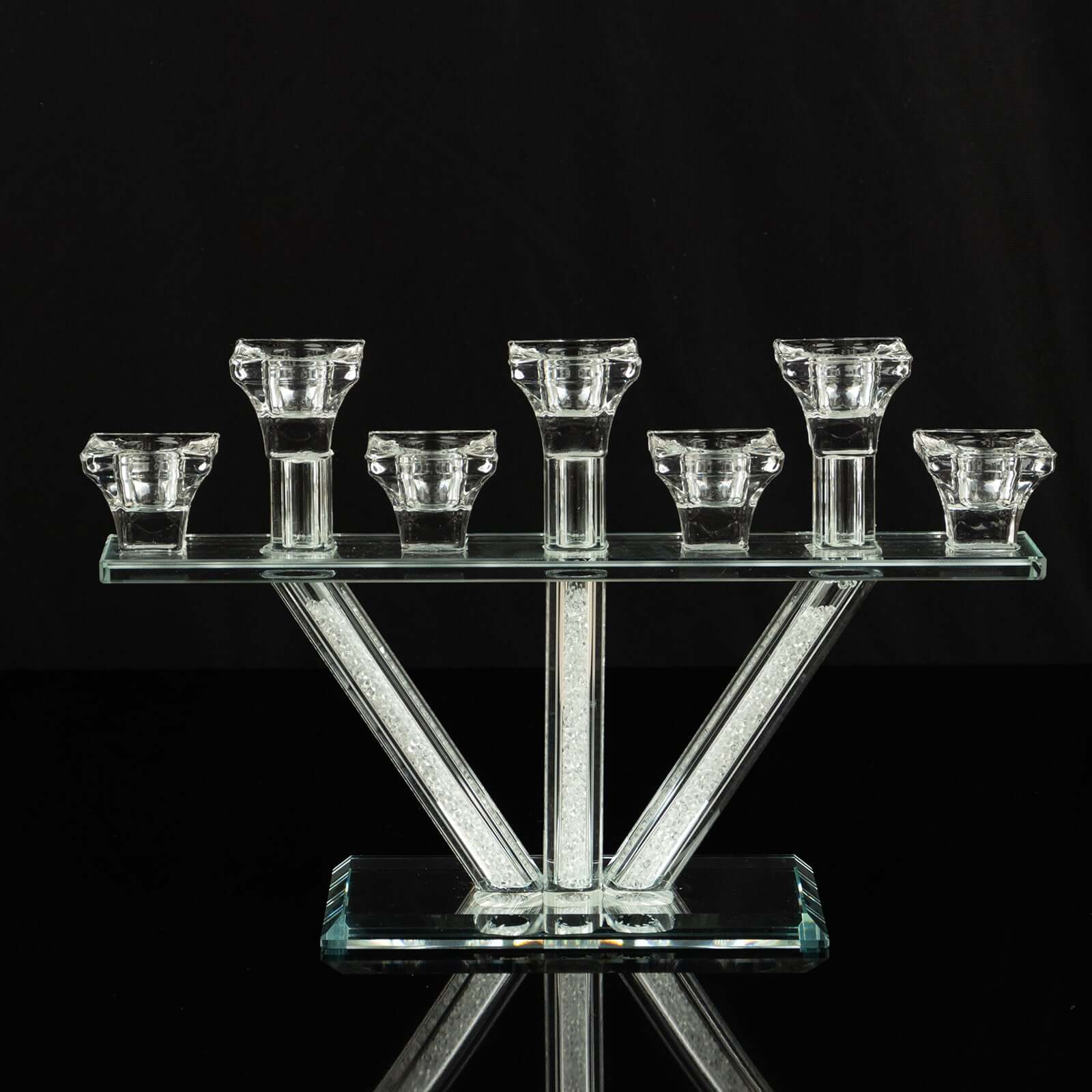 Crystal Glass Candelabra, 7-Branch Taper Candle Stick Holder Stand Table Centerpiece With Crystal Filler and Mirror Base 12