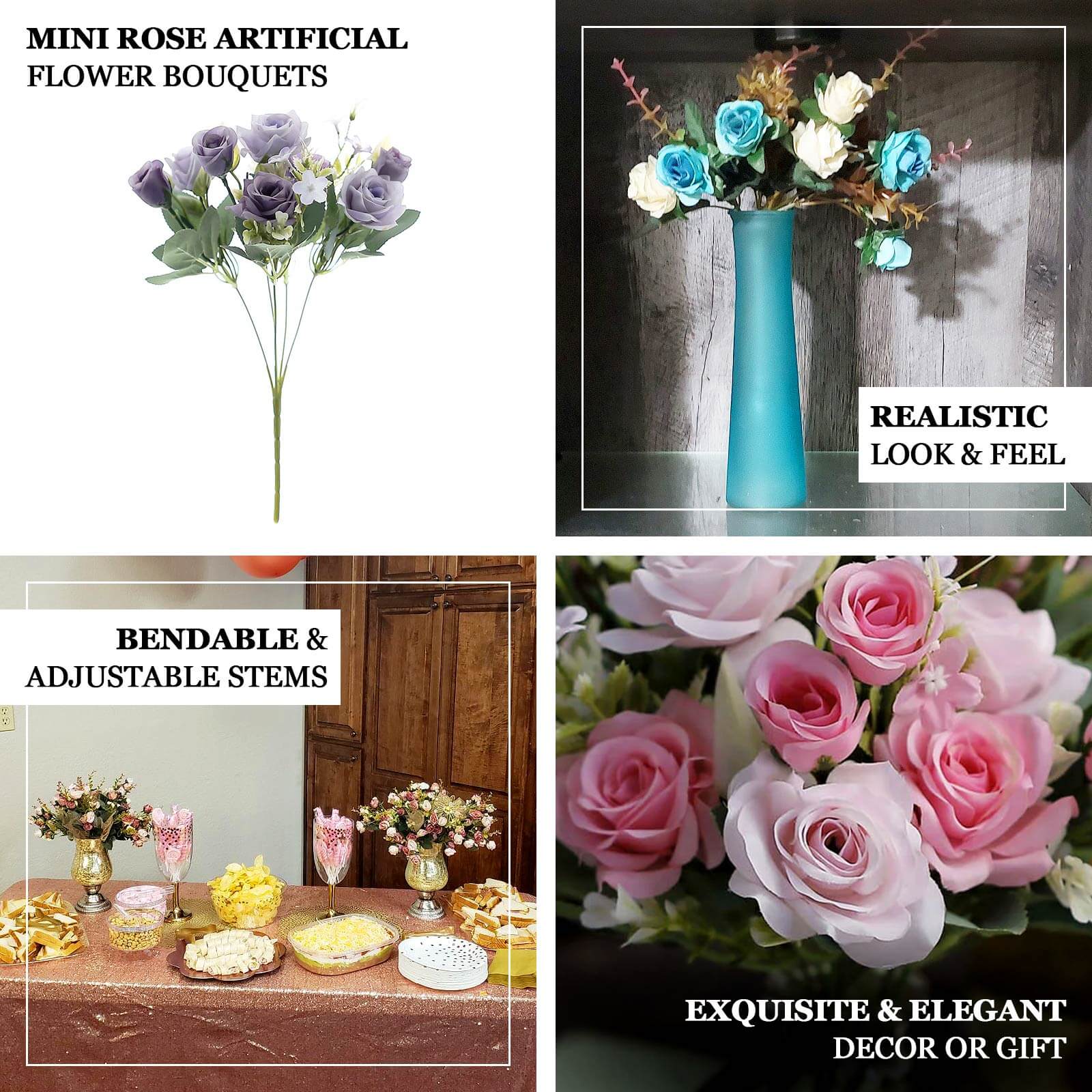 4 Bushes 12 Navy Blue Real Touch Artificial Silk Rose Flower Bouquet, Faux Bridal Flowers