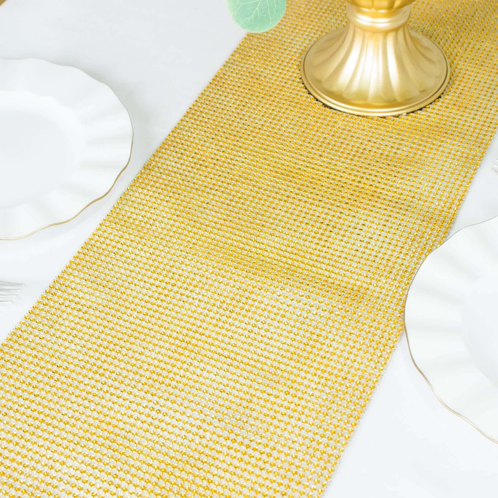 Crystal Rhinestone 10x108 Table Runner Gold - Luxe Shiny Diamond Mesh Bling Table Runner Roll