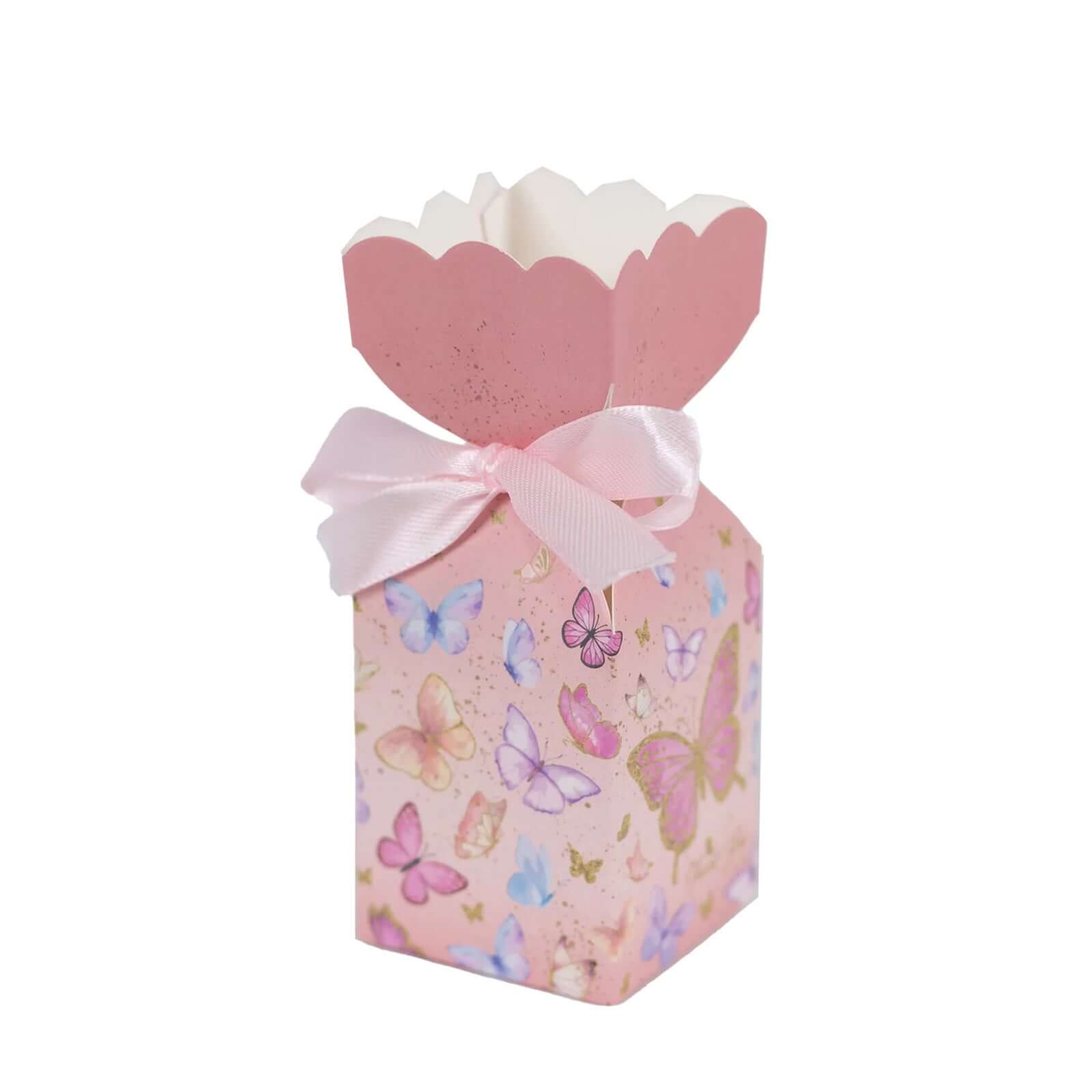 25 Pack Pink Floral Top Candy Gift Boxes With Butterfly Print, Cardstock Paper Party Favor Boxes With Satin Ribbons - 2x5