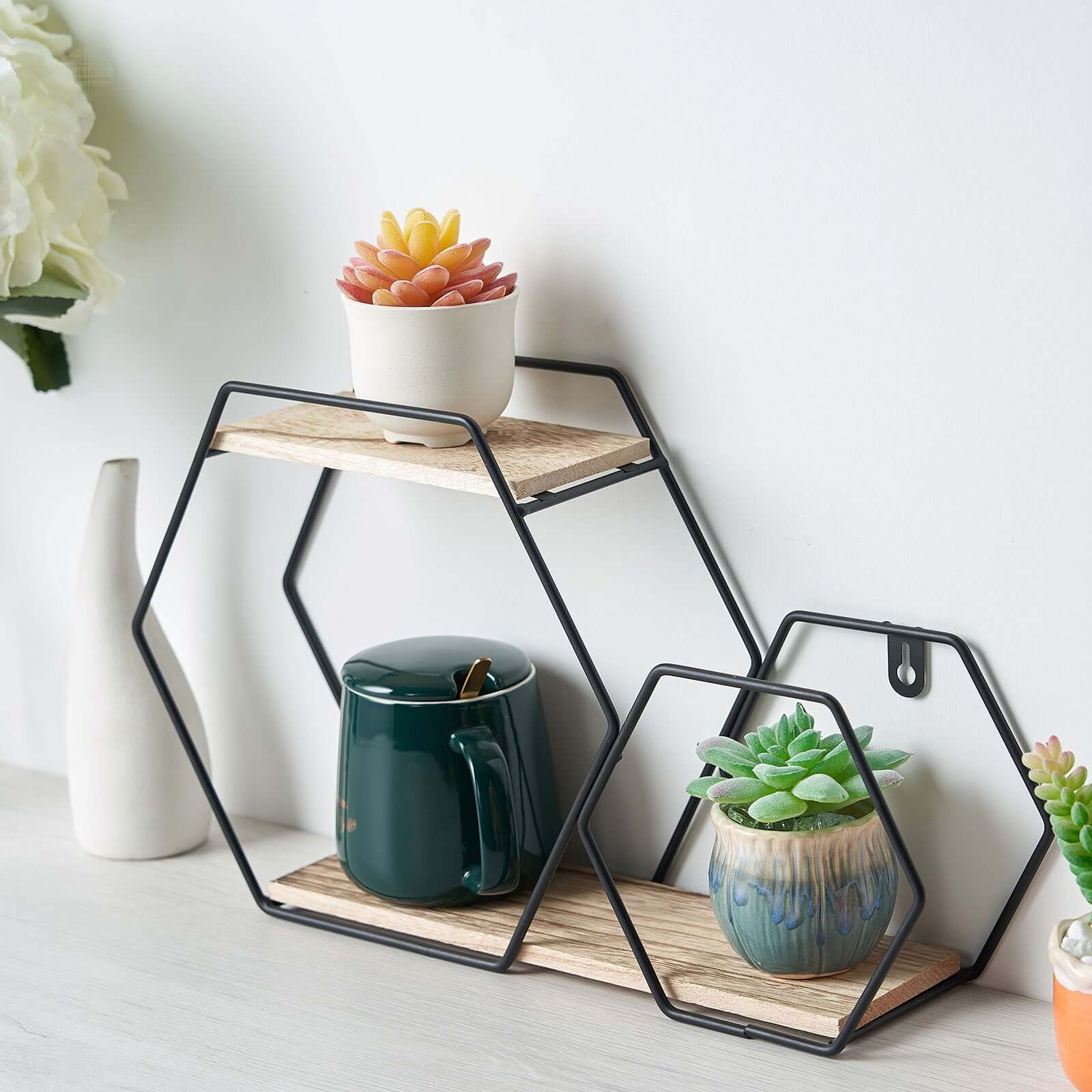 10x17 2-Tier Hexagon Floating Shelf, Dessert Display Stand With Black Double Geometric Design