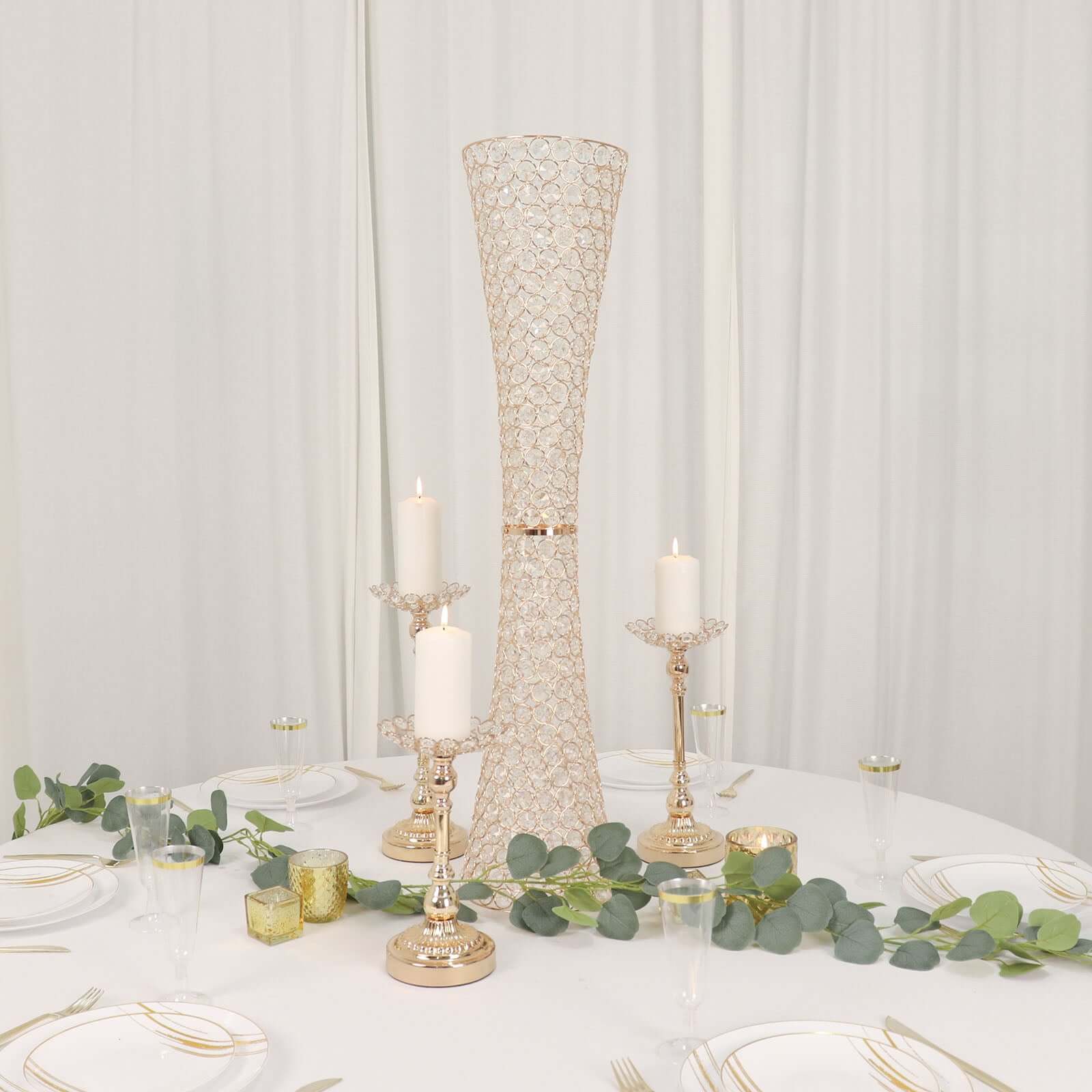 Metal Hurricane Floral Vase Centerpiece Metallic Gold with Crystal Beaded Design - Decorative Table Piece 36