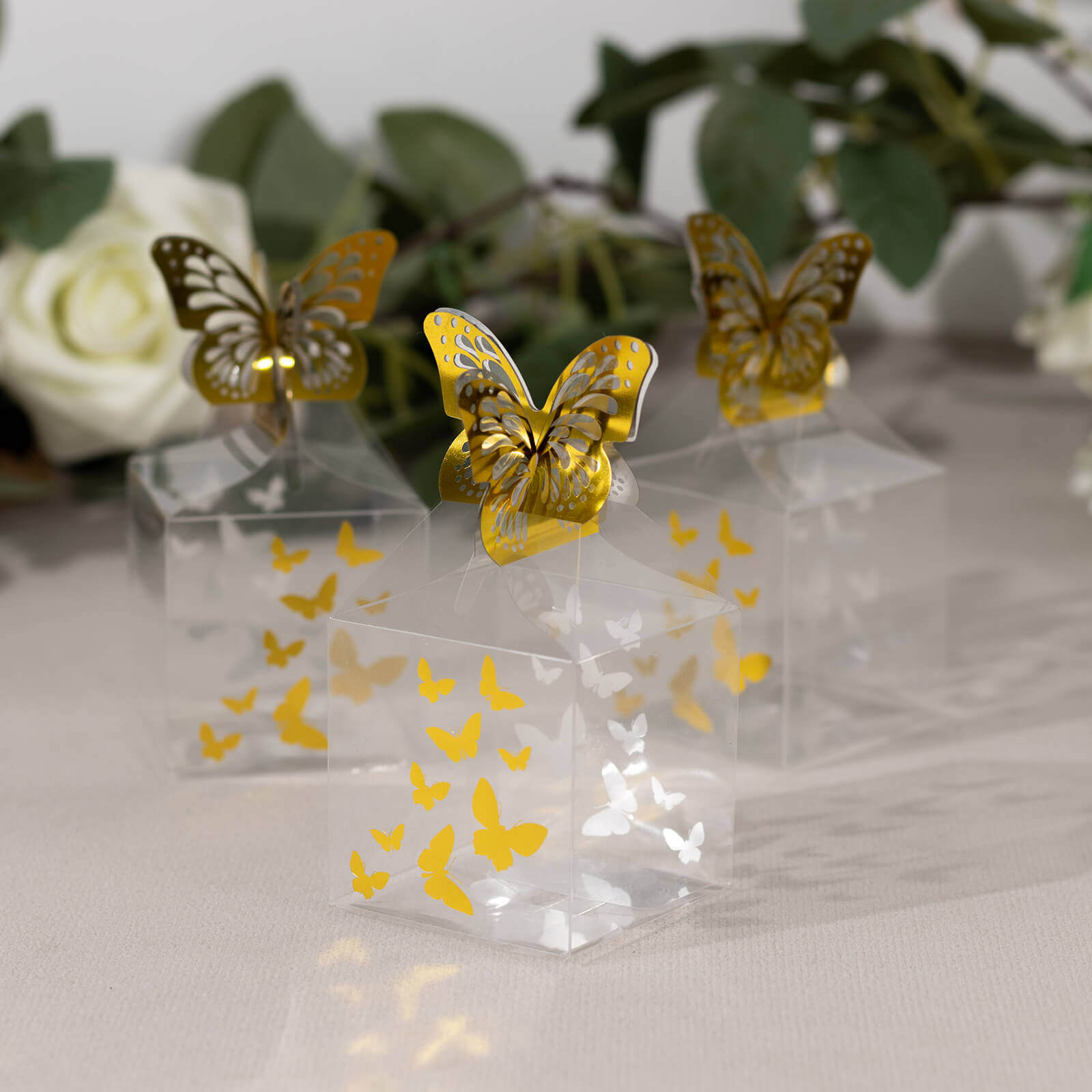 25 Pack Clear Transparent Square Party Favor Boxes with Gold Butterfly Top, Clear Candy Treat Gift Boxes - 2x2x4