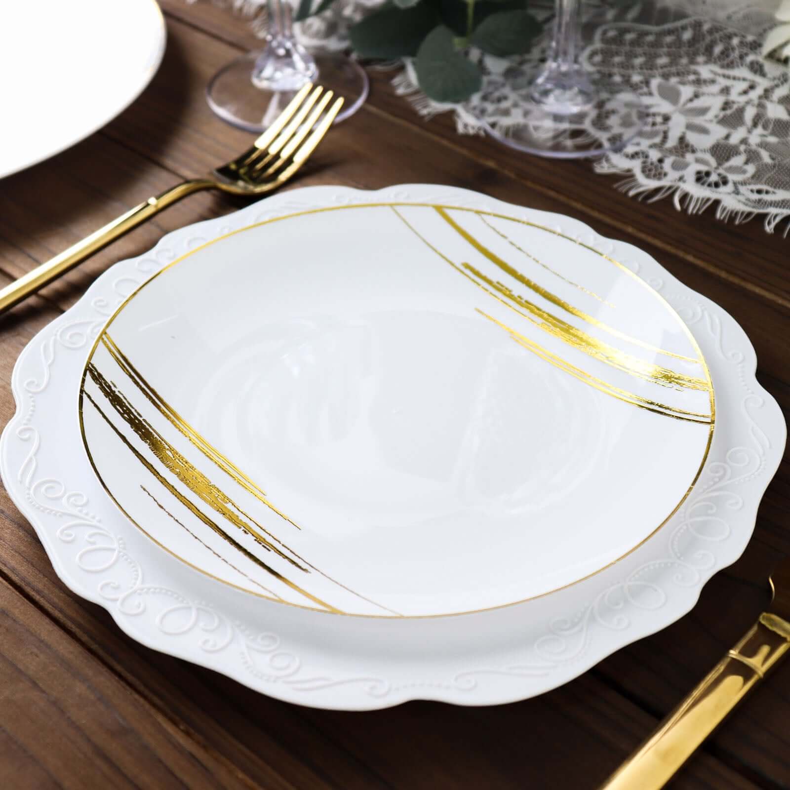 10-Pack Plastic 7 Round Dessert Plates in White with Gold Brush Stroked Print - Disposable Appetizer Salad Plates