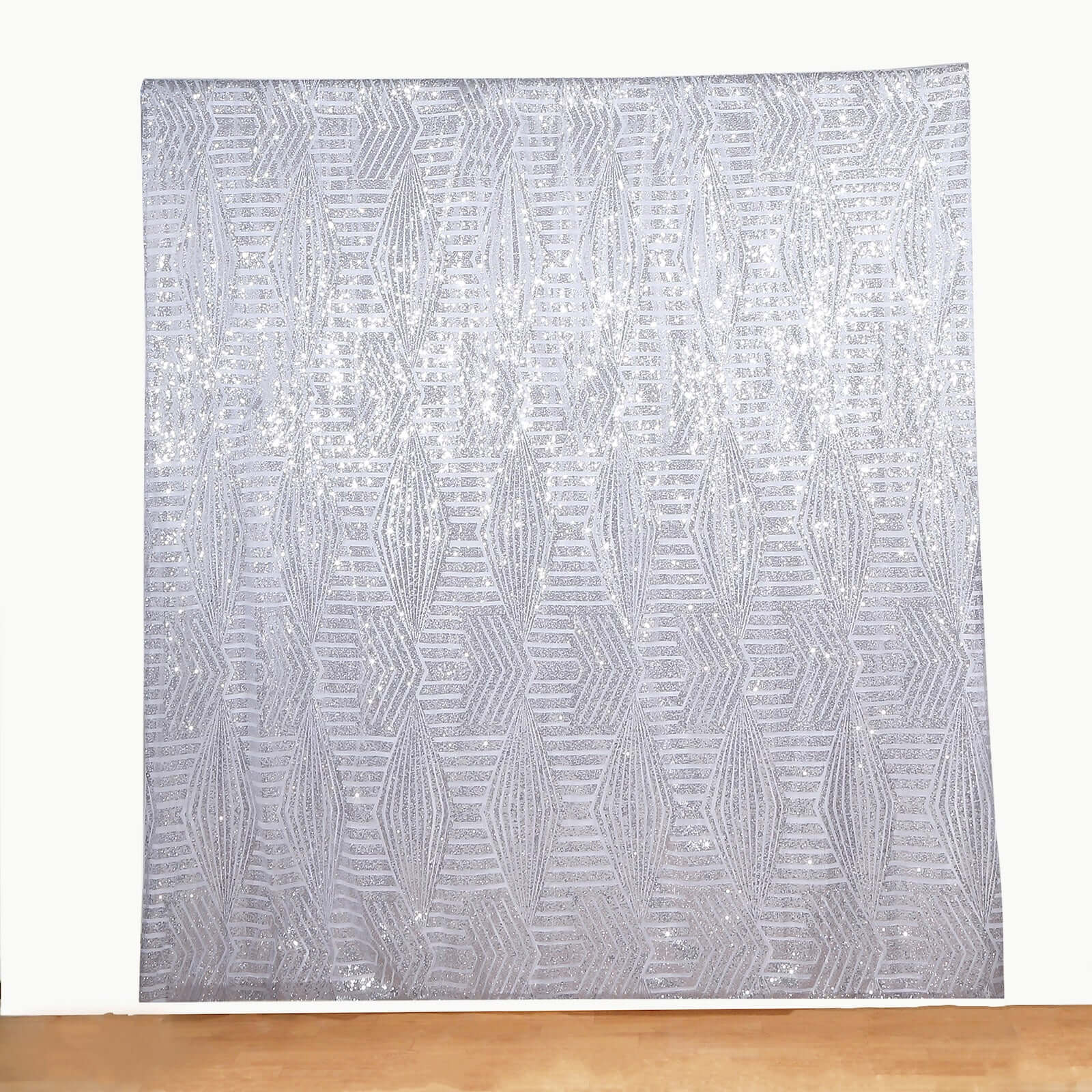 8ftx8ft Silver Geometric Sequin Event Curtain Drapes with Satin Backing, Seamless Opaque Sparkly Backdrop Event Panel in Diamond Glitz Pattern