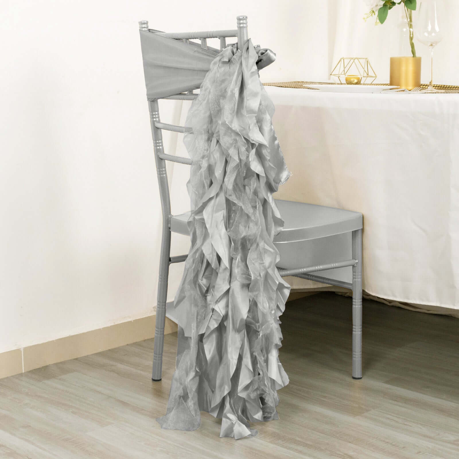 5 Pack Chiffon Satin Chair Sashes Silver - Easy to Install Ruffled Curly Willow